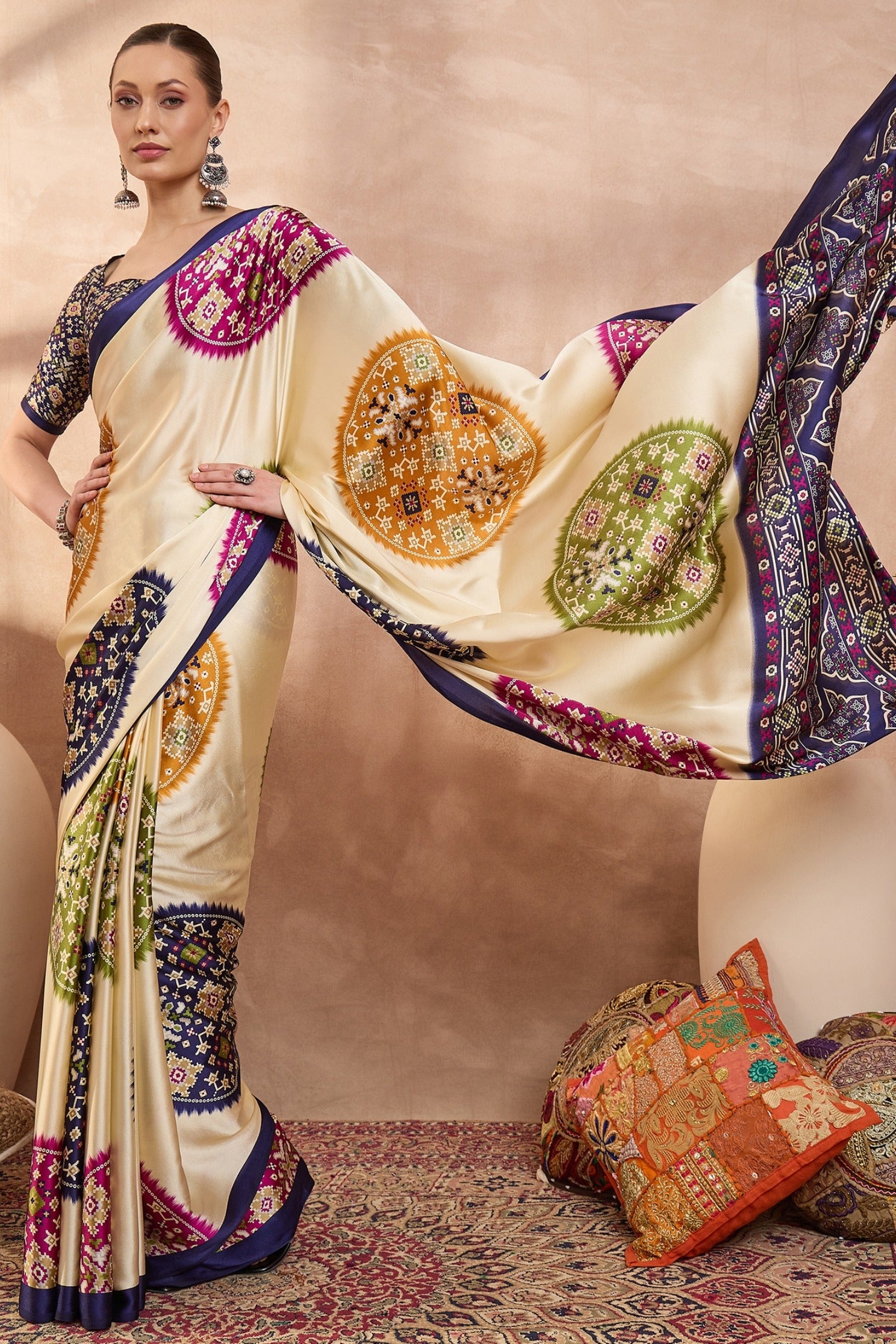Buy MySilkLove Apricot Cream and Blue Modal Ajrakh Printed Silk Saree Online