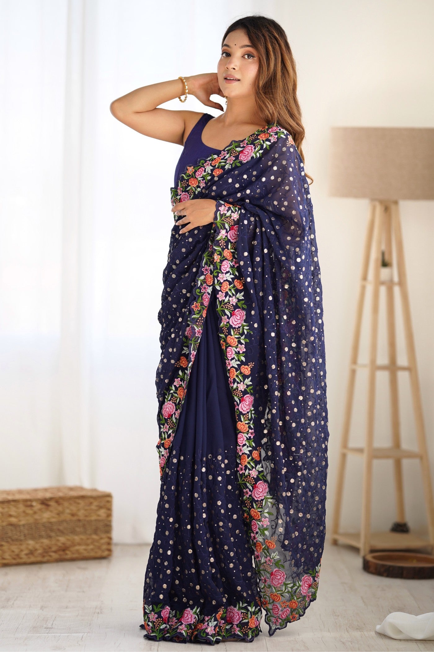 Buy MySilkLove Navy Blue Embroidered Georgette Saree Online