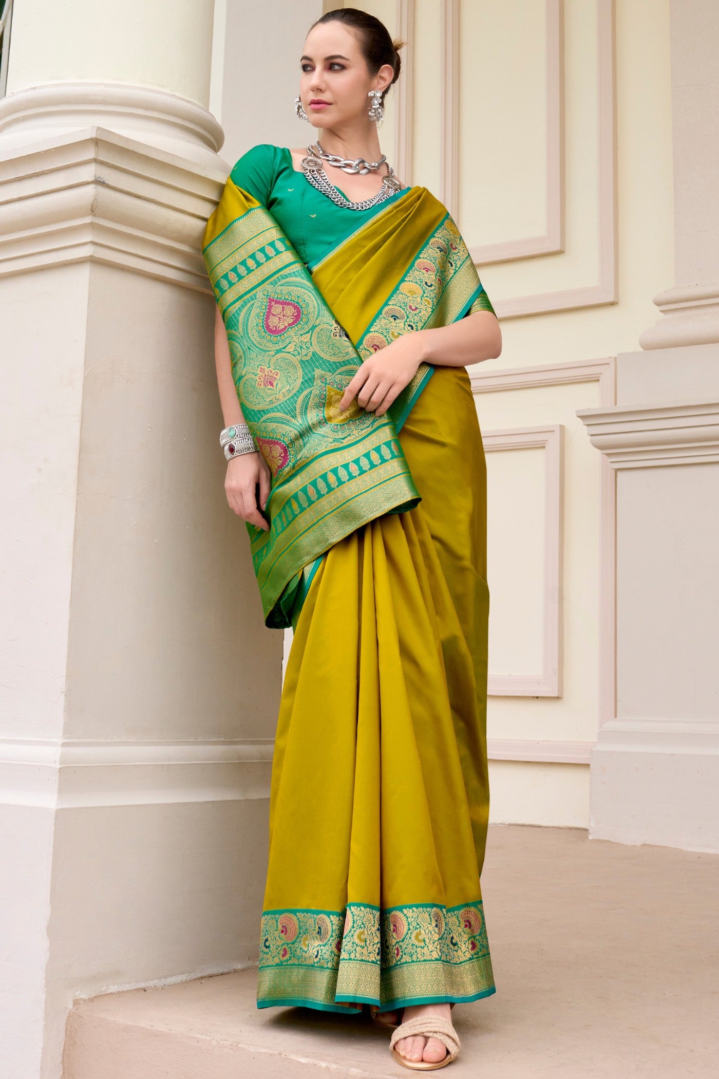 Buy MySilkLove Galliano Green Woven Banarasi Soft Silk Saree Online