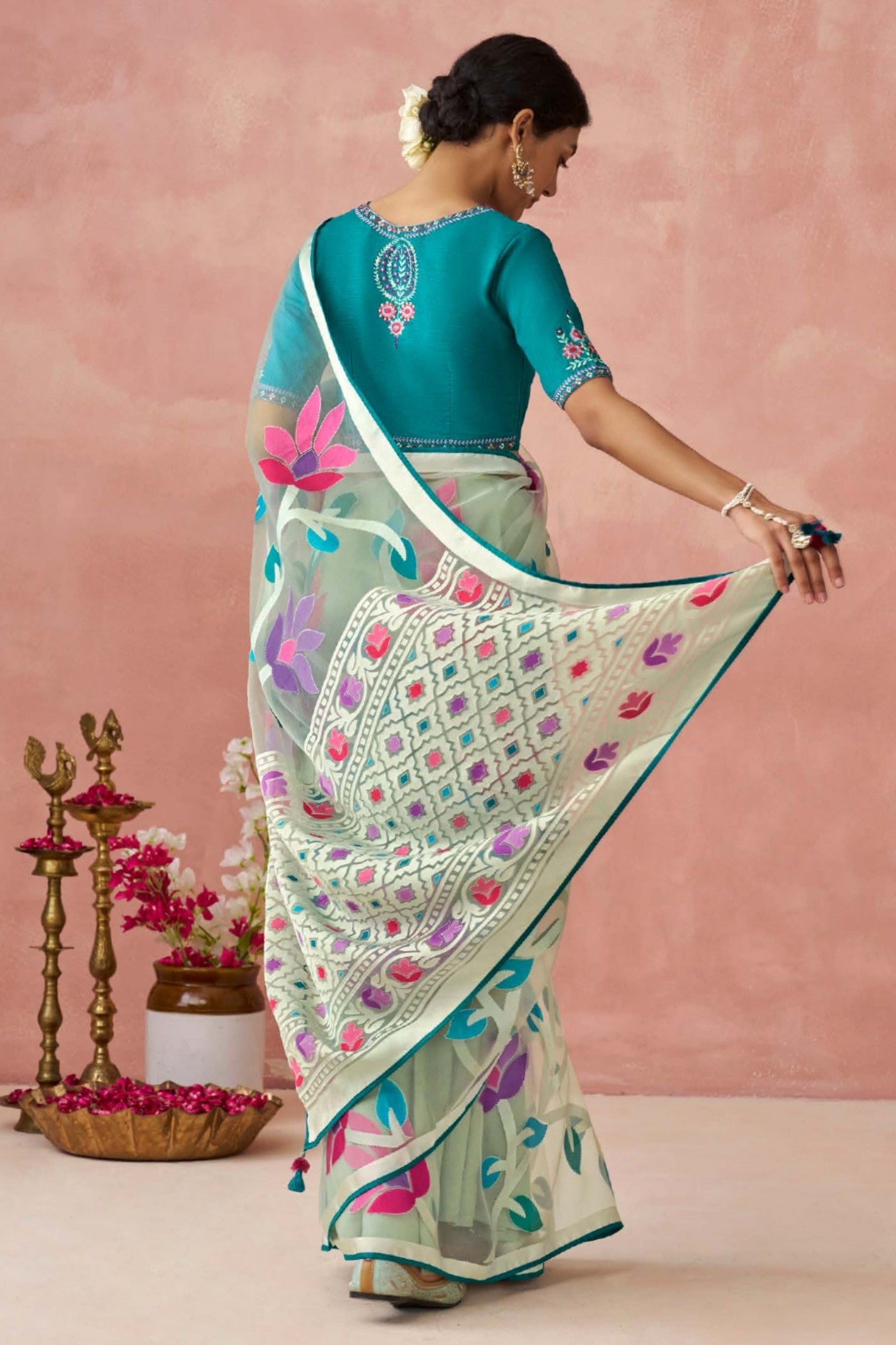 MySilkLove Elm Blue and White Brasso Organza Printed Saree