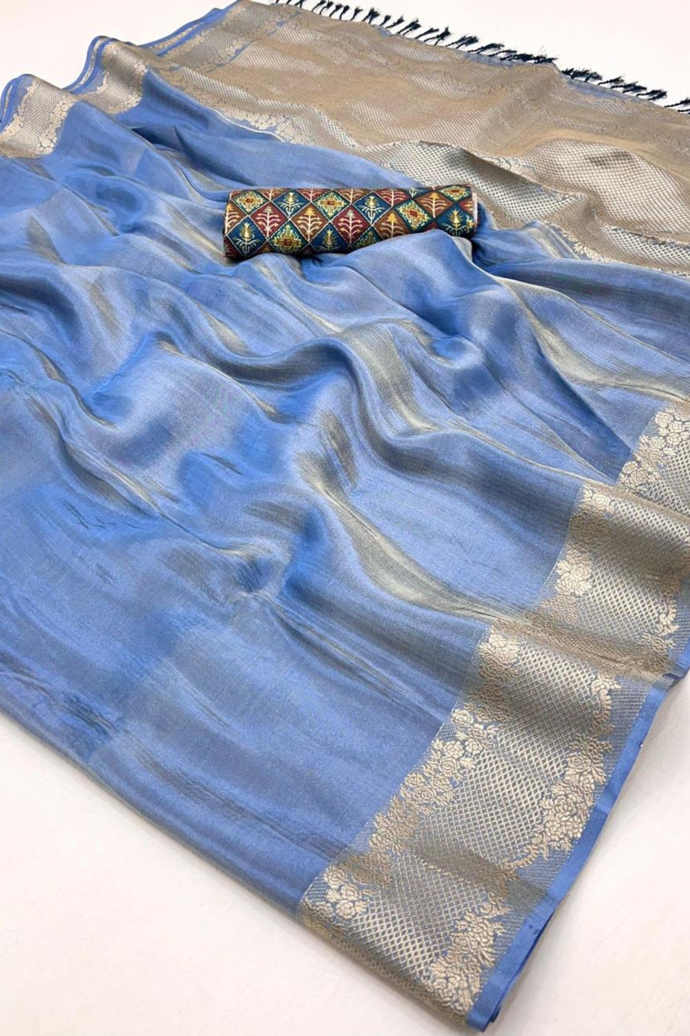 Buy MySilkLove Blue Pearl Tissue Silk Saree Online