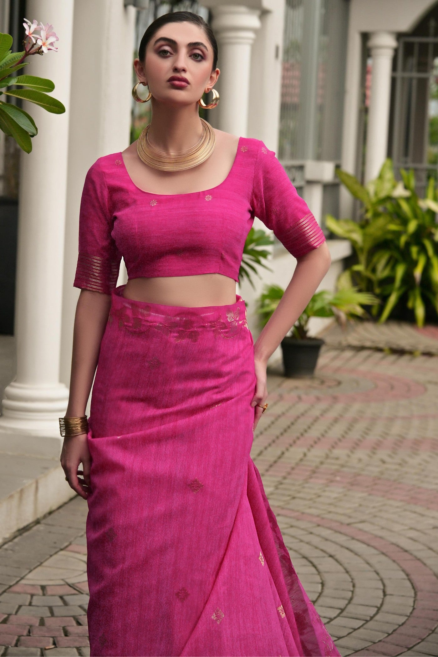 Buy MySilkLove Peony Pink Floral Linen Silk Saree Online