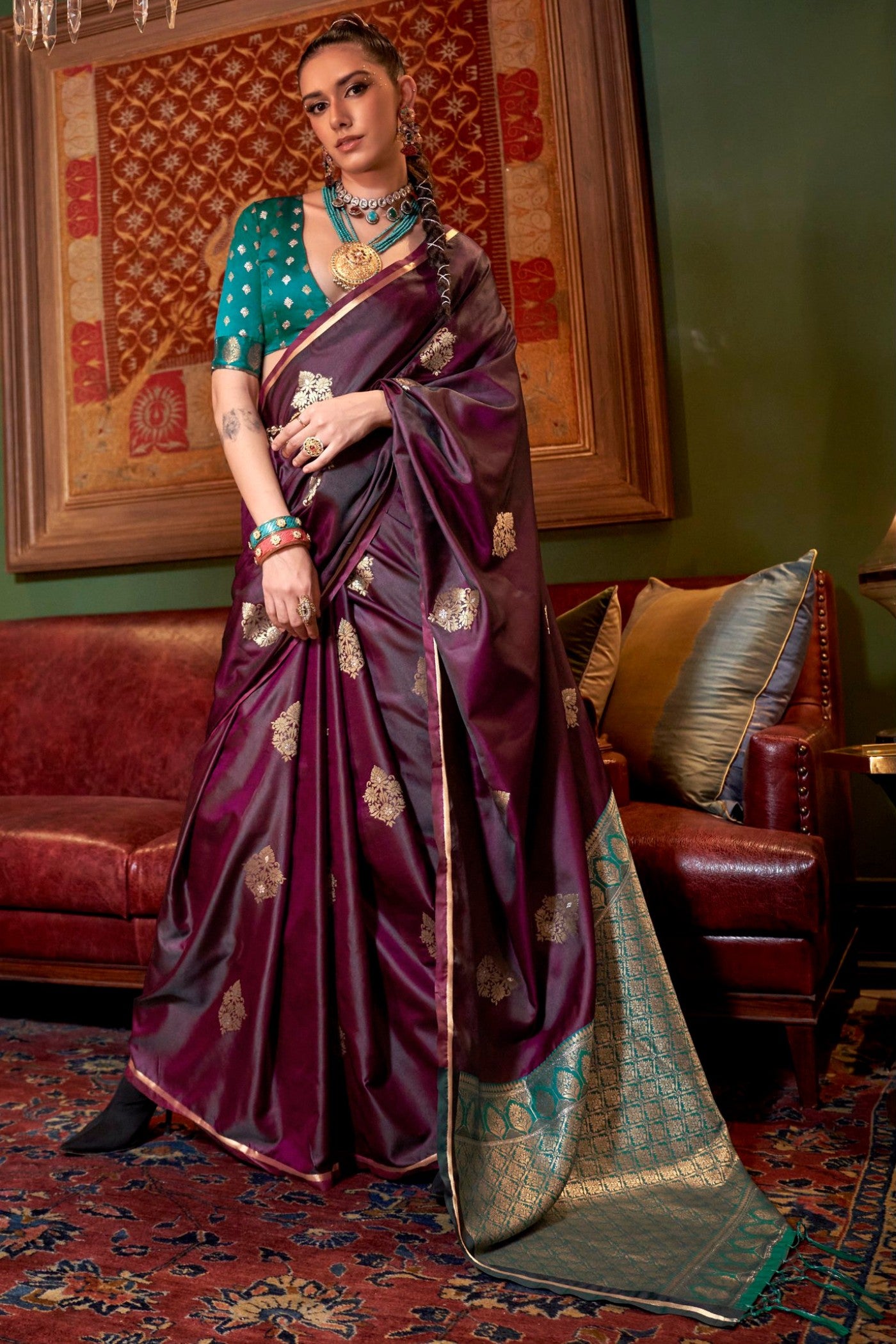 Buy MySilkLove Brown Derby Banarasi Satin Saree Online