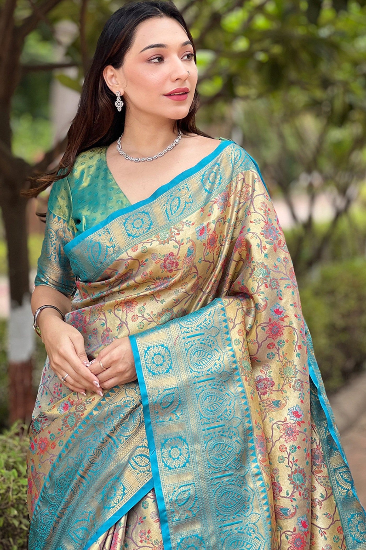 MySilkLove Opal Blue and Cream Woven Banarasi Saree