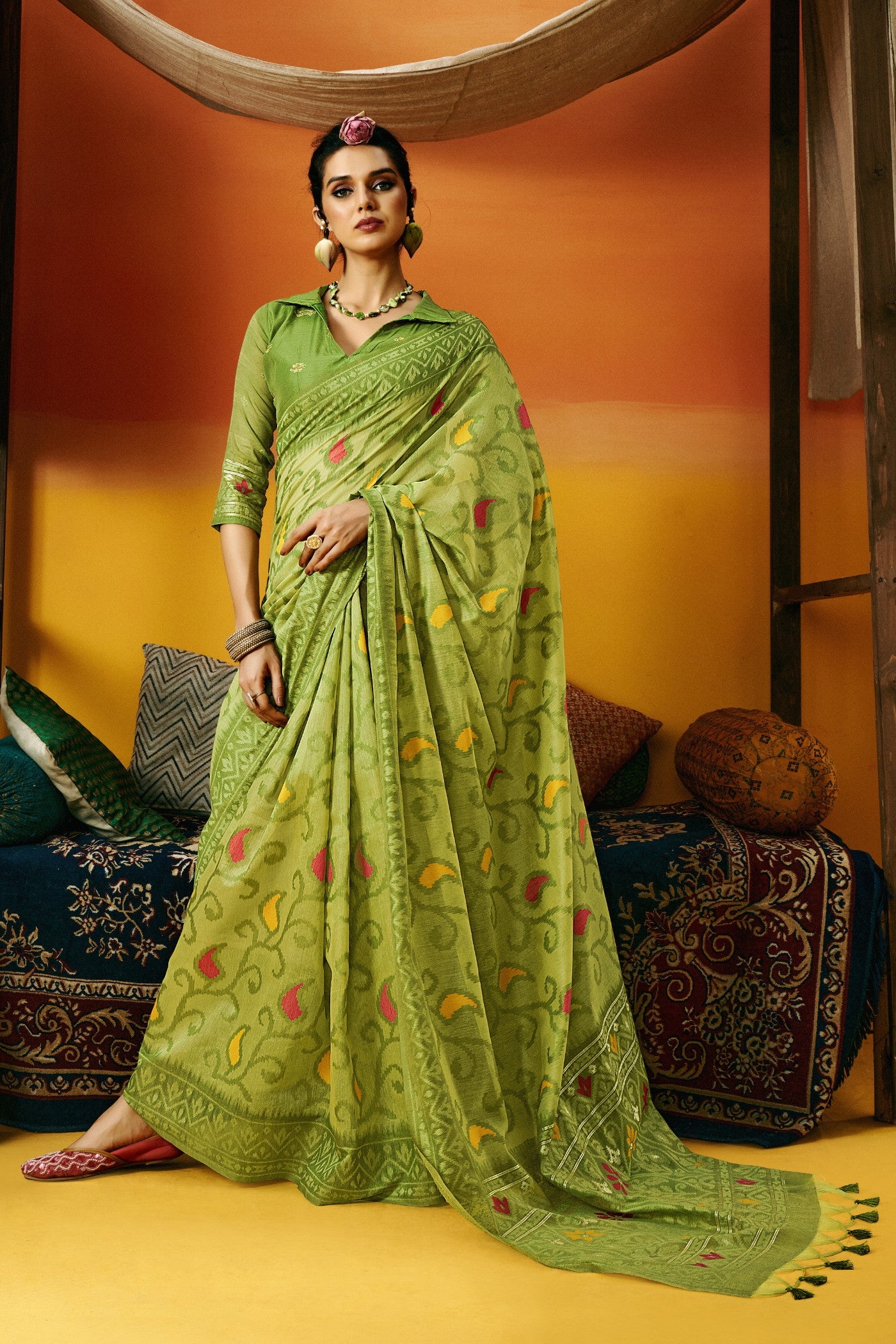 Buy MySilkLove Mantis Green Handloom Jamdani Saree Online