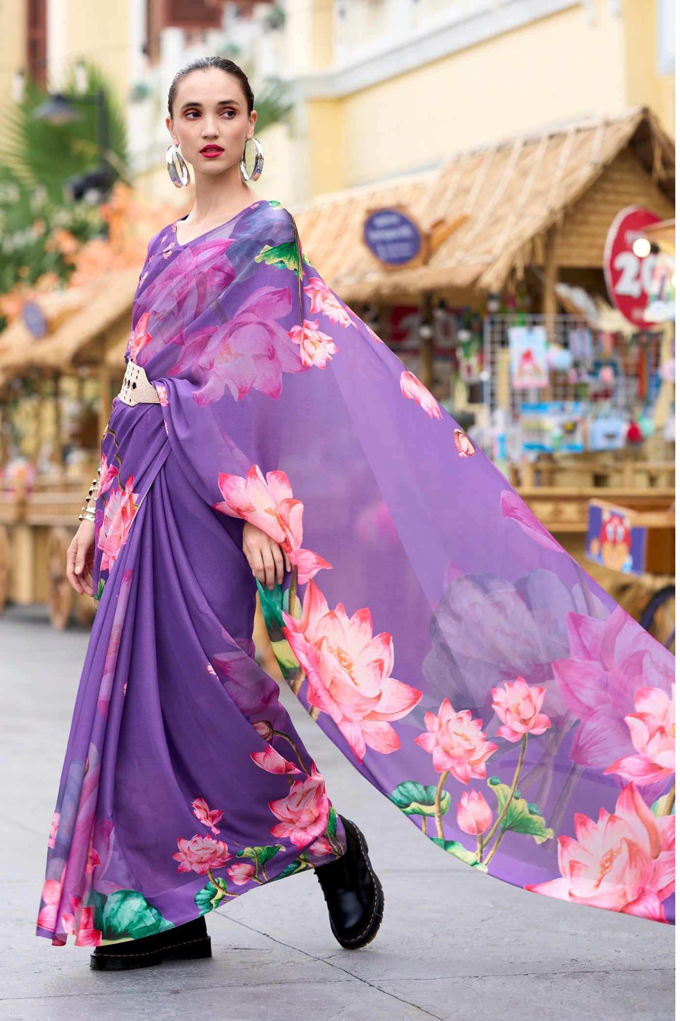 Buy MySilkLove Wisteria Lavender Printed Georgette Saree Online