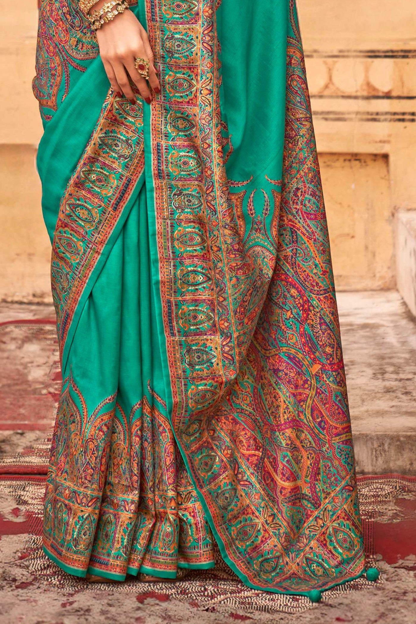 Buy MySilkLove Surfie Green Printed Jamawar Saree Online