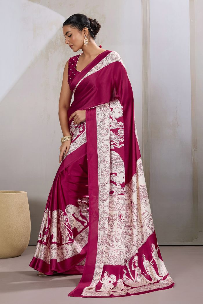Buy MySilkLove Cherry Maroon Modal Ajrakh Printed Satin Silk Saree Online