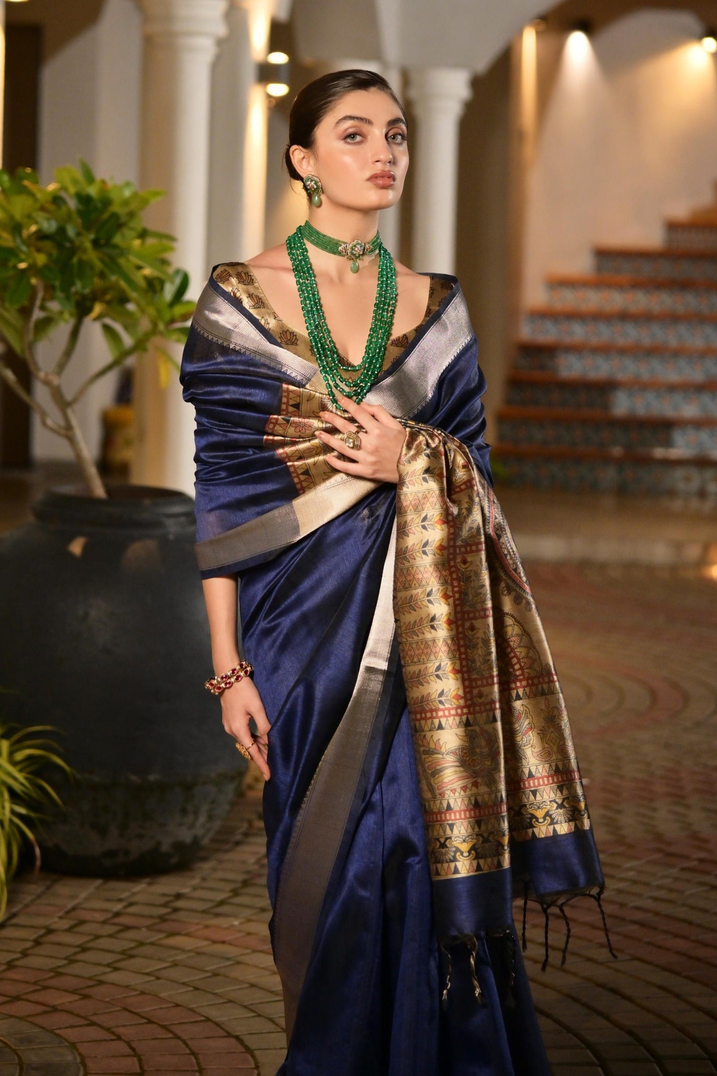 MySilkLove Navy Blue Tussar Silk Saree