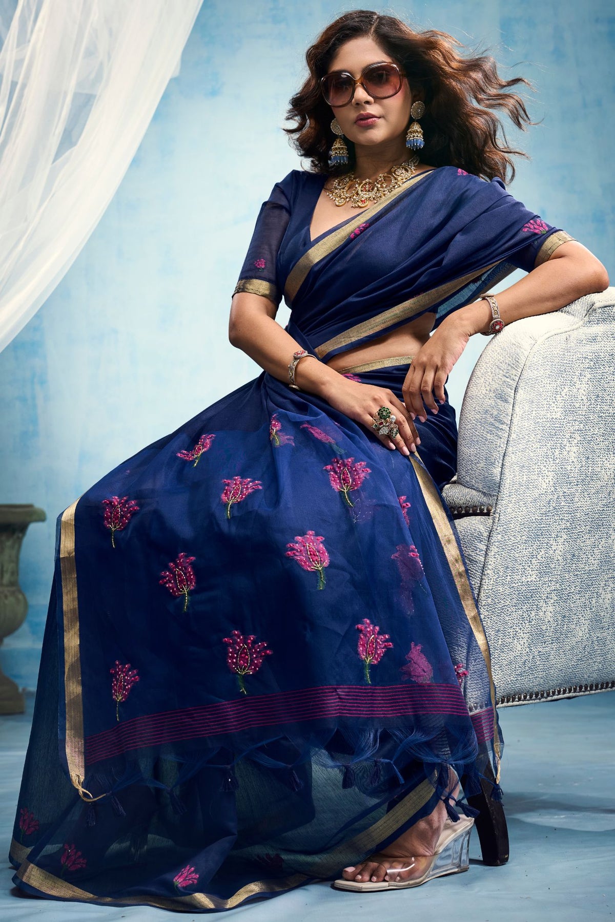 Buy MySilkLove Navy Blue Munga Handloom Cotton Saree Online