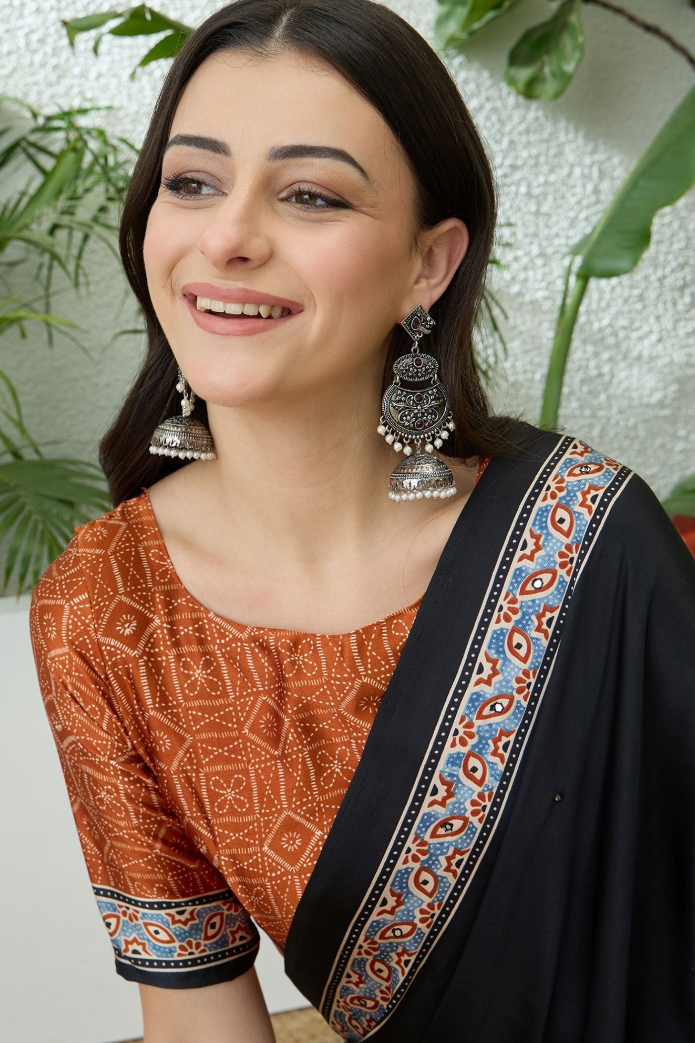 Buy MySilkLove Noir Black and Orange Modal Ajrakh Satin Printed Silk Saree Online
