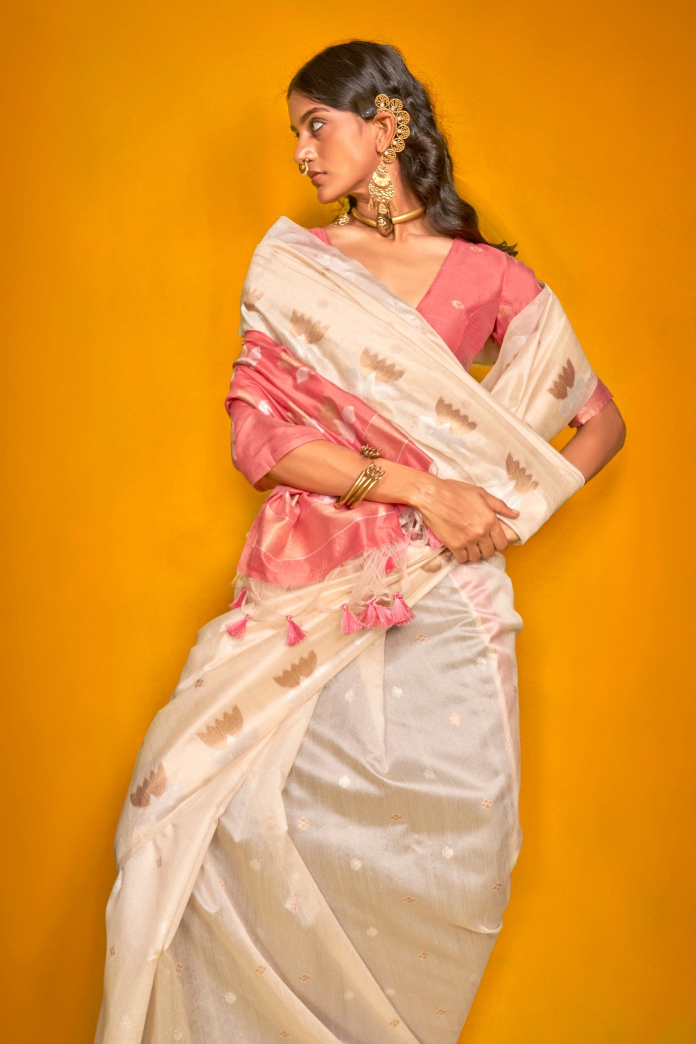 Buy MySilkLove Coco Cream Tussar Handloom Silk Saree Online