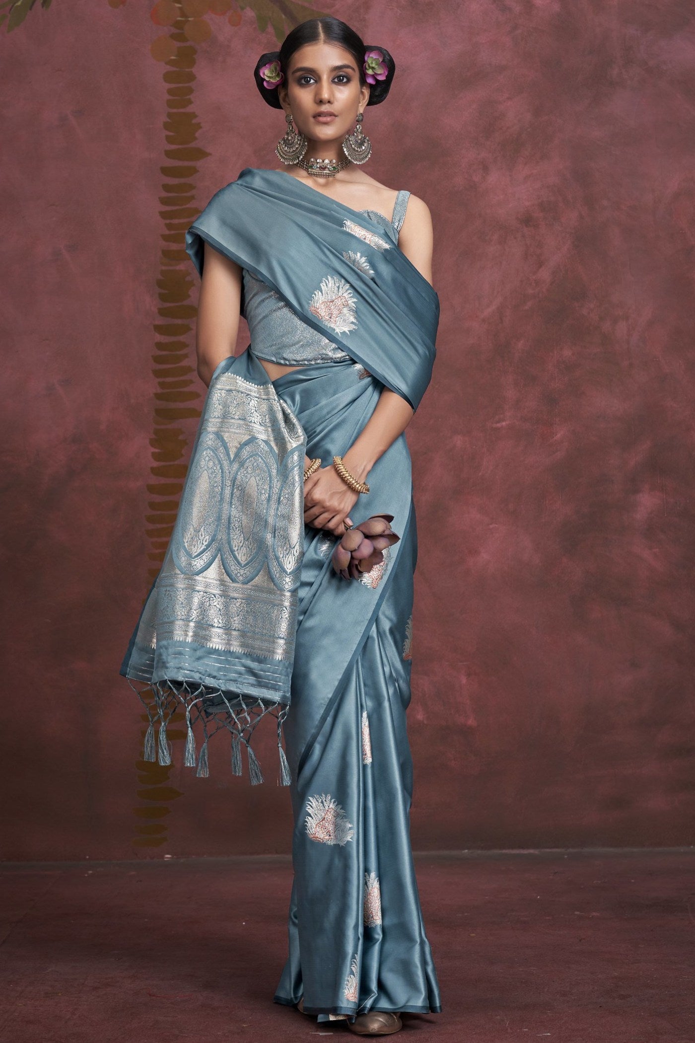 Buy MySilkLove Blue Stone Handloom Satin Banarasi Saree Online