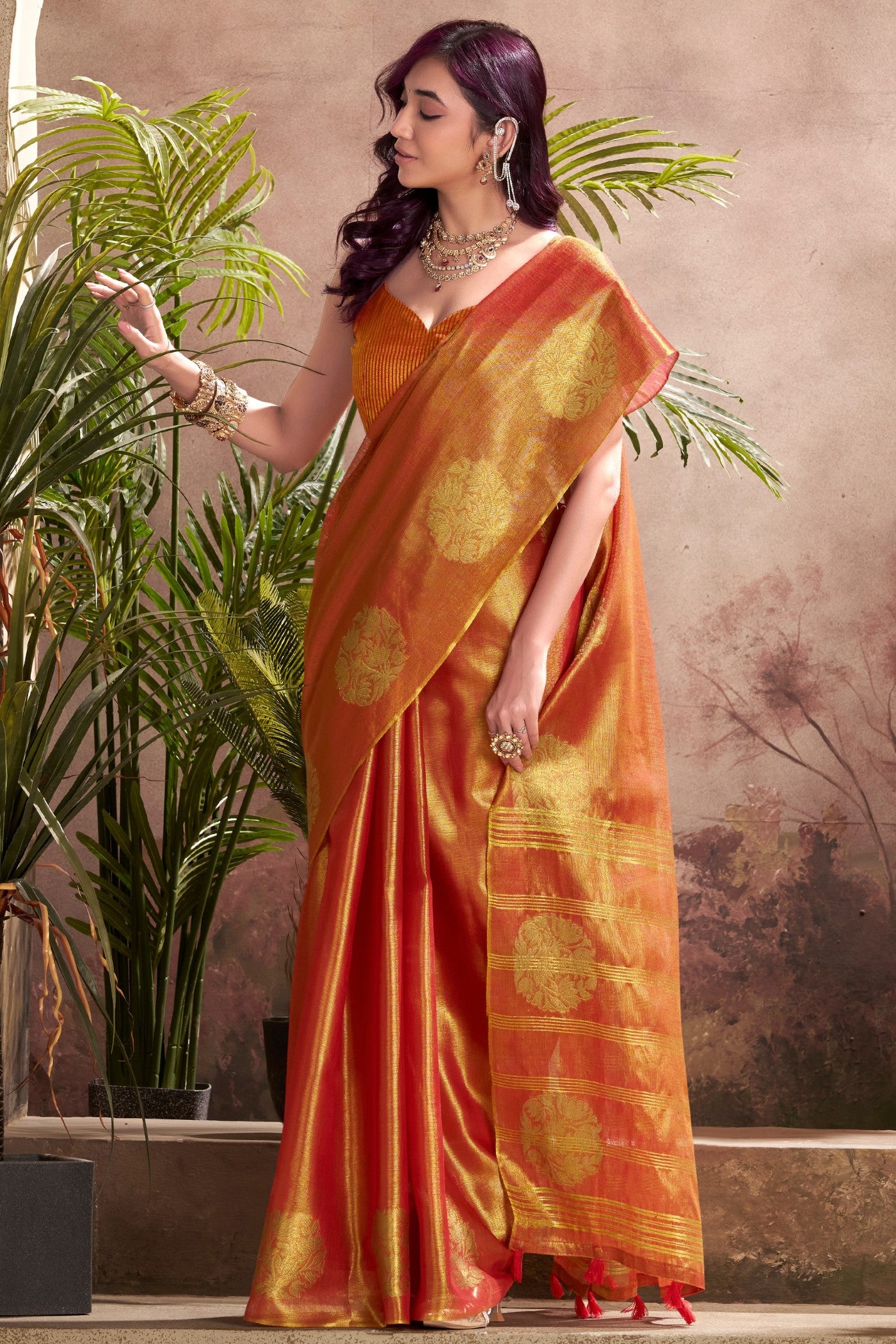 Buy MySilkLove Cider Orange Woven Tissue Saree Online