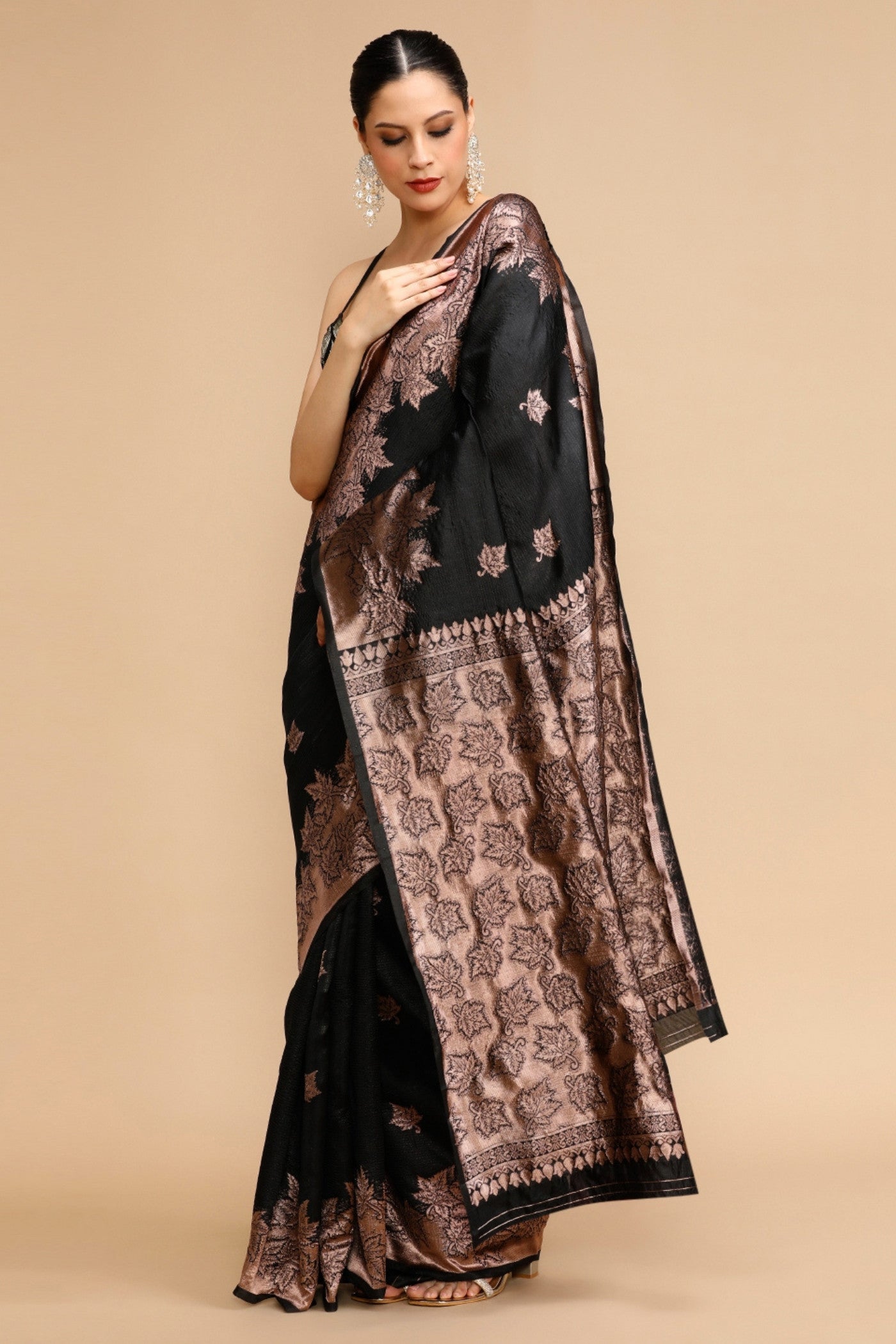 MySilkLove Ash Black Woven Jacquard Lichi Silk Saree