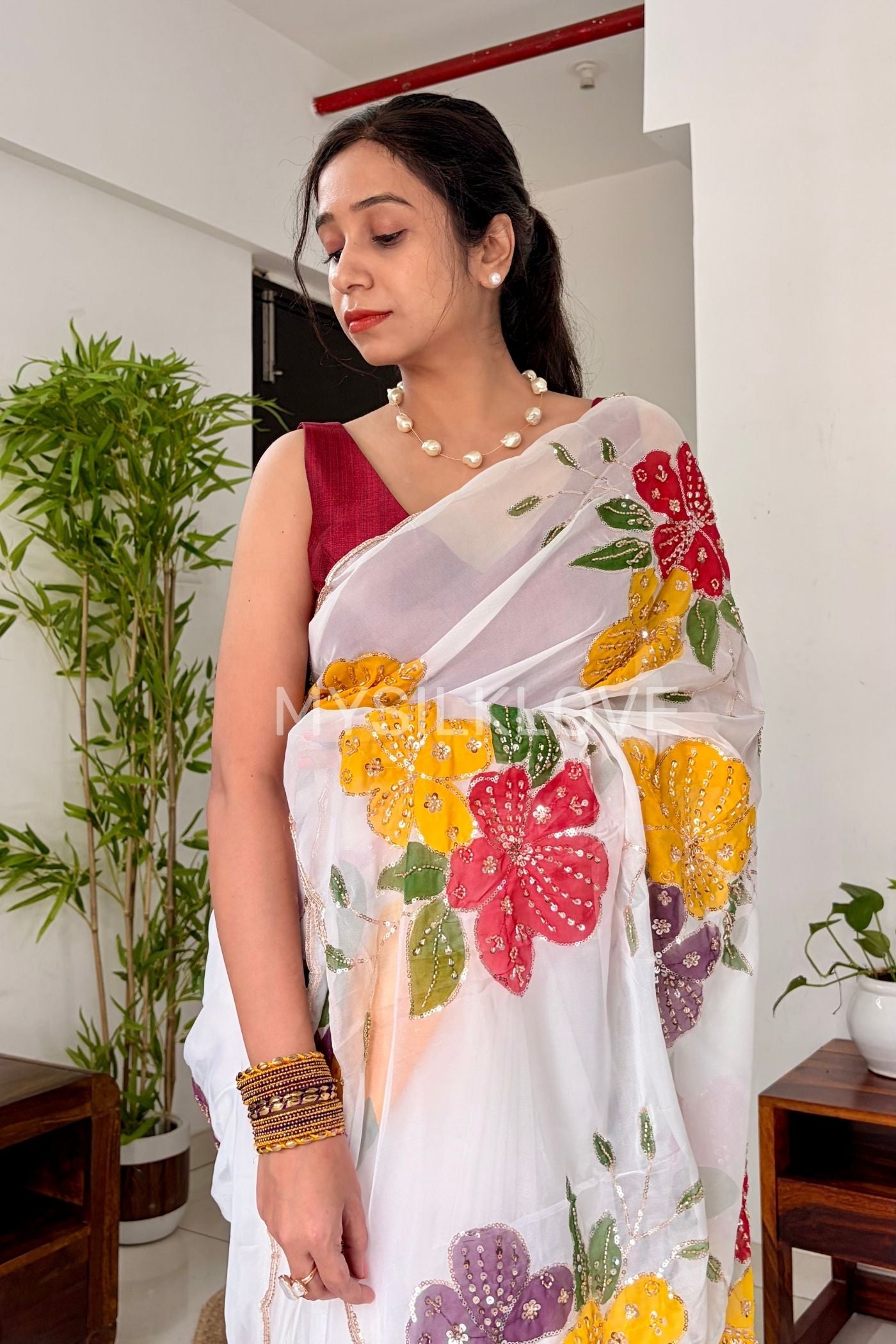 MySilkLove Diamond White Floral Embroidered Georgette Saree