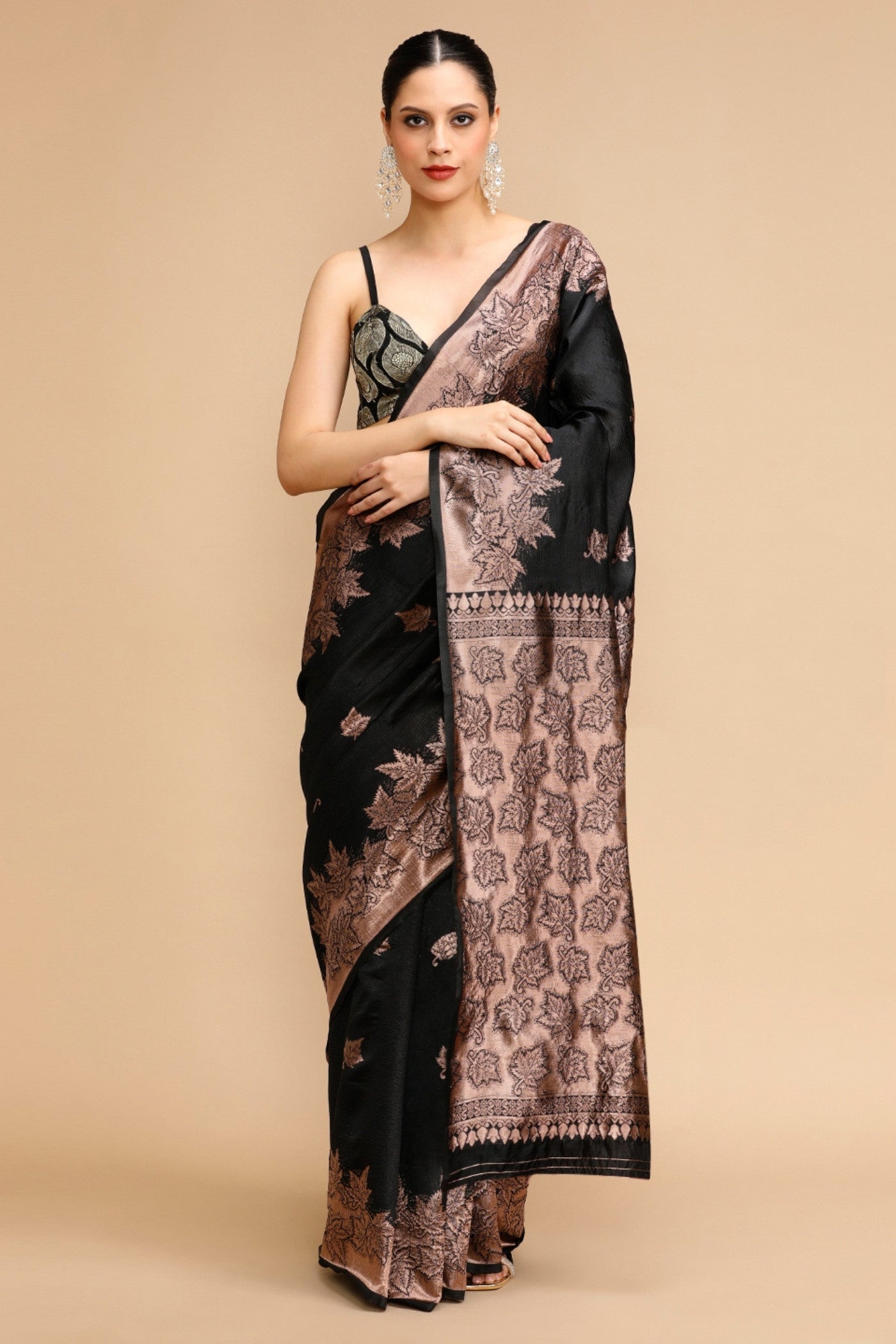 Buy MySilkLove Ash Black Woven Jacquard Lichi Silk Saree Online