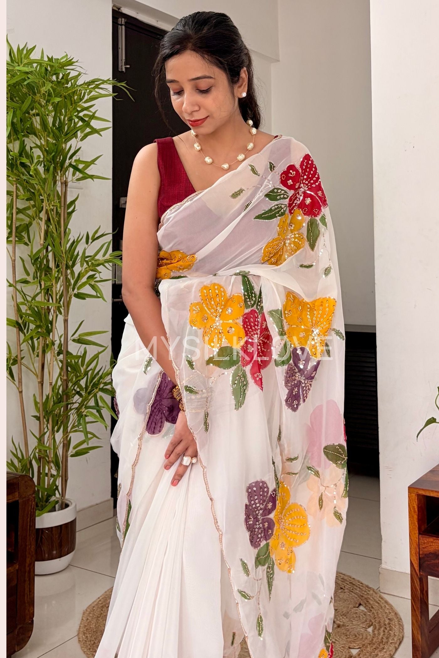 Buy MySilkLove Diamond White Floral Embroidered Organza Saree Online