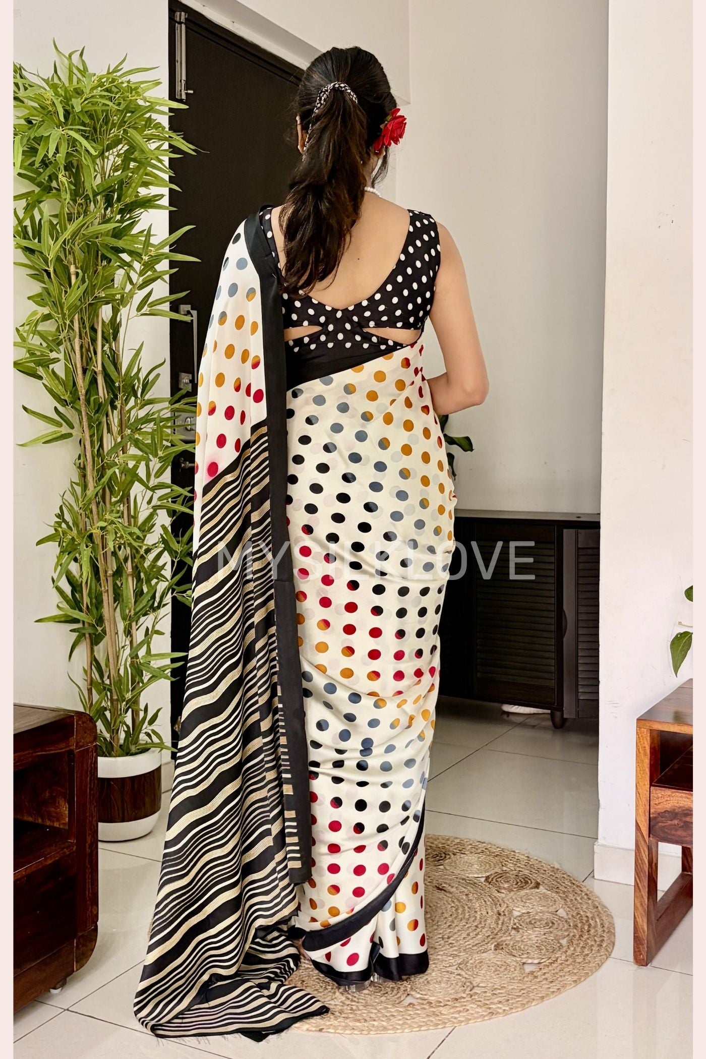 Buy MySilkLove Celestial White and Black Patola Printed Satin Crepe Saree Online