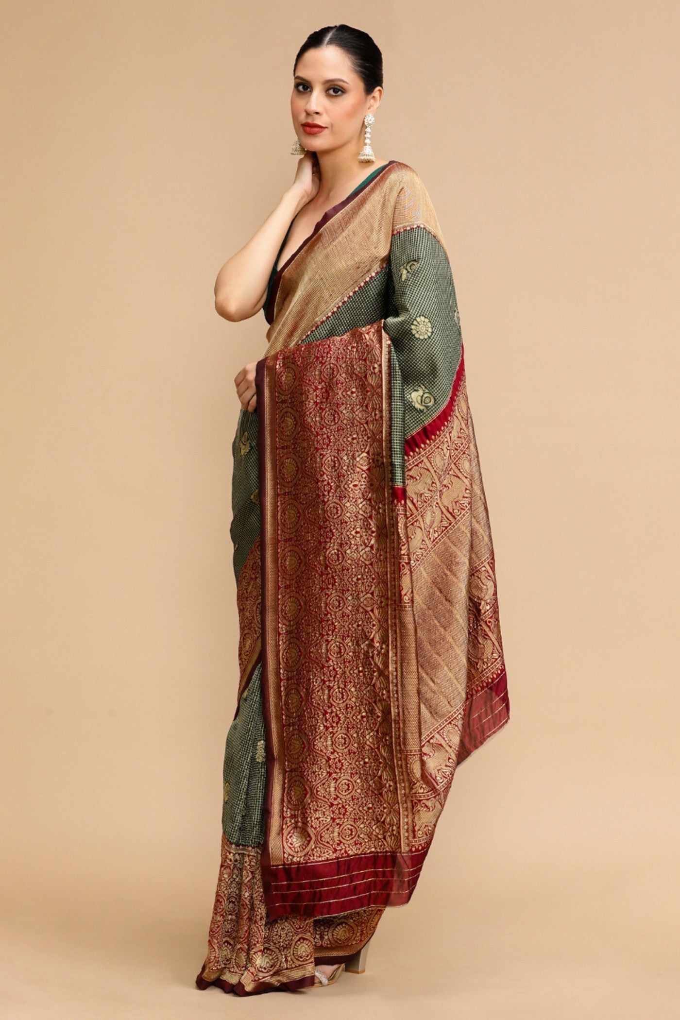 MySilkLove Fern Green and Red Woven Jacquard Lichi Silk Saree