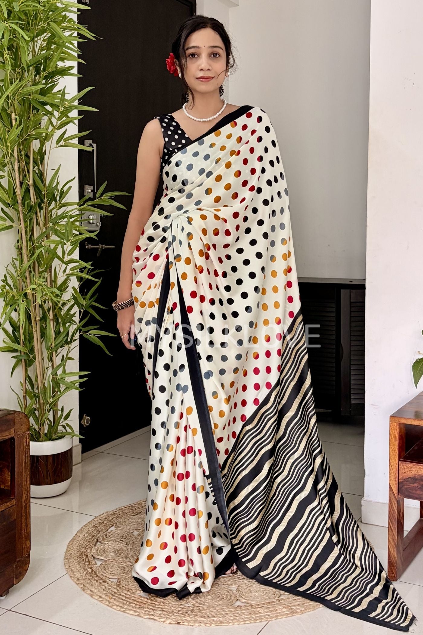 MySilkLove Celestial White and Black Patola Printed Satin Crepe Saree