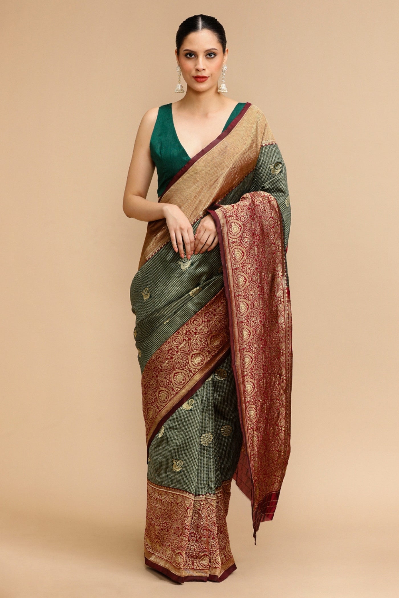 Buy MySilkLove Fern Green and Red Woven Jacquard Lichi Silk Saree Online