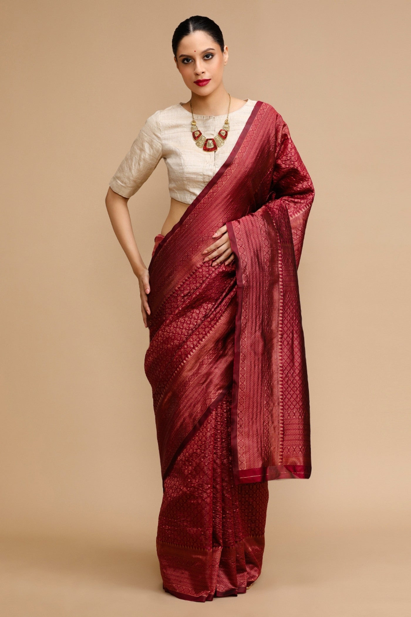 MySilkLove Synonyms Maroon Woven Jacquard Lichi Silk Saree