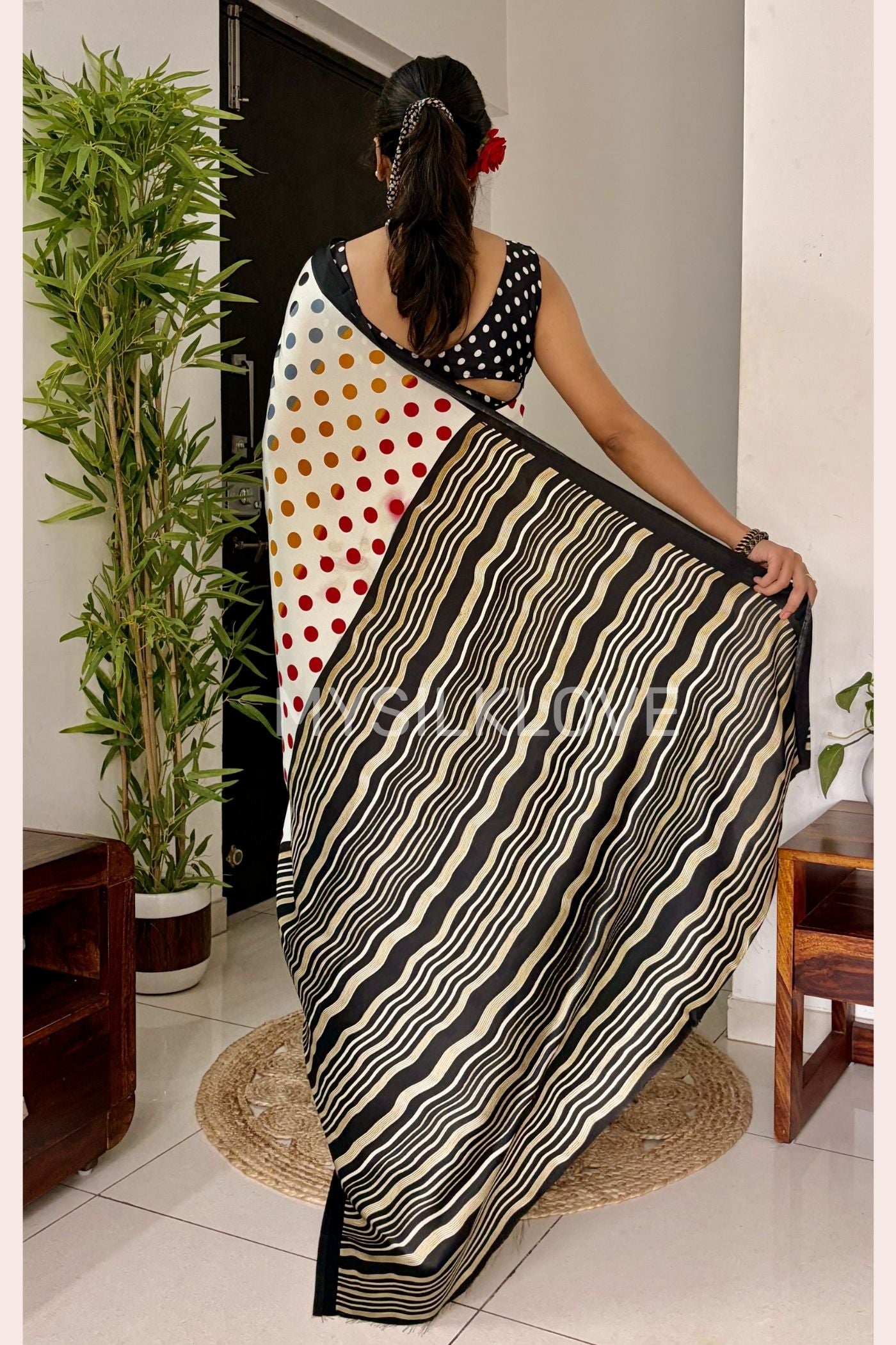 Buy MySilkLove Celestial White and Black Patola Printed Satin Crepe Saree Online
