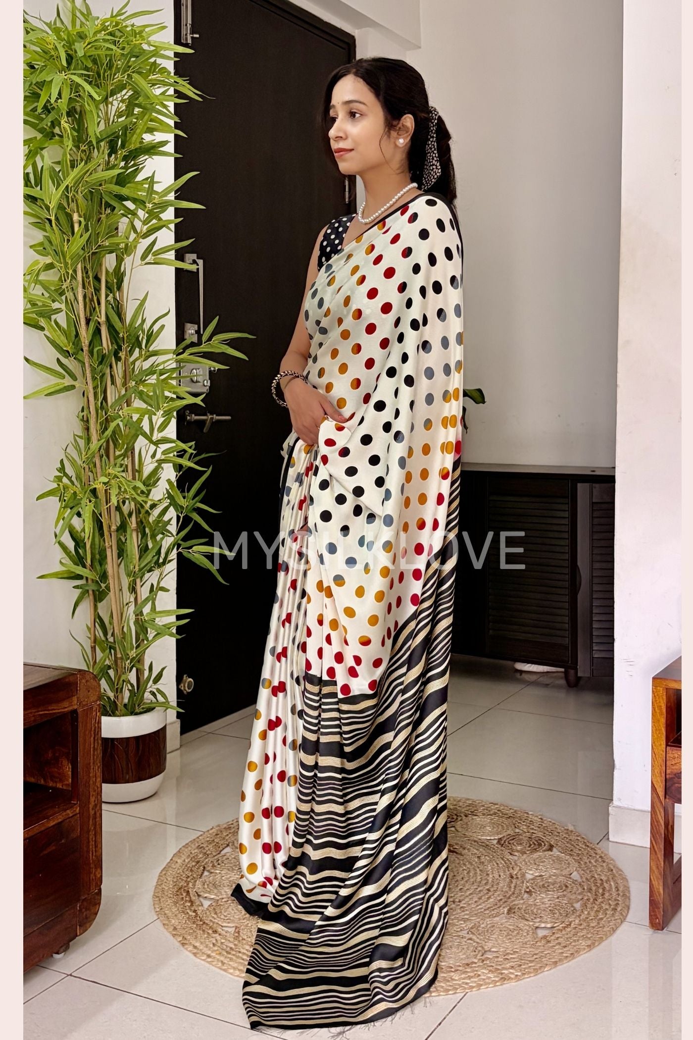 Buy MySilkLove Celestial White and Black Patola Printed Satin Crepe Saree Online