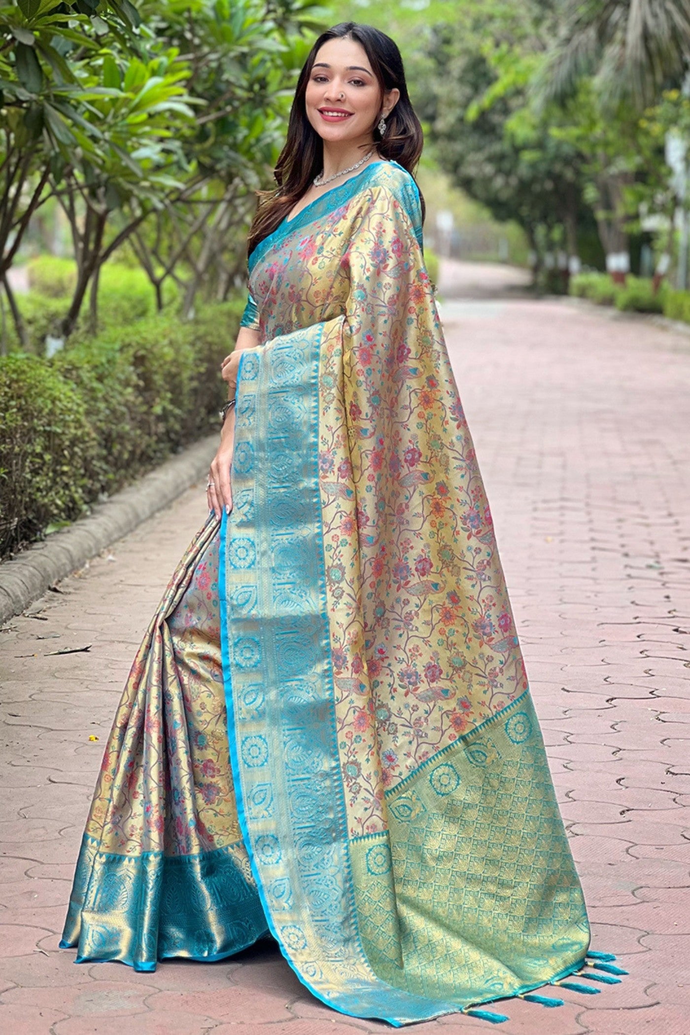 Buy MySilkLove Opal Blue and Cream Woven Banarasi Saree Online