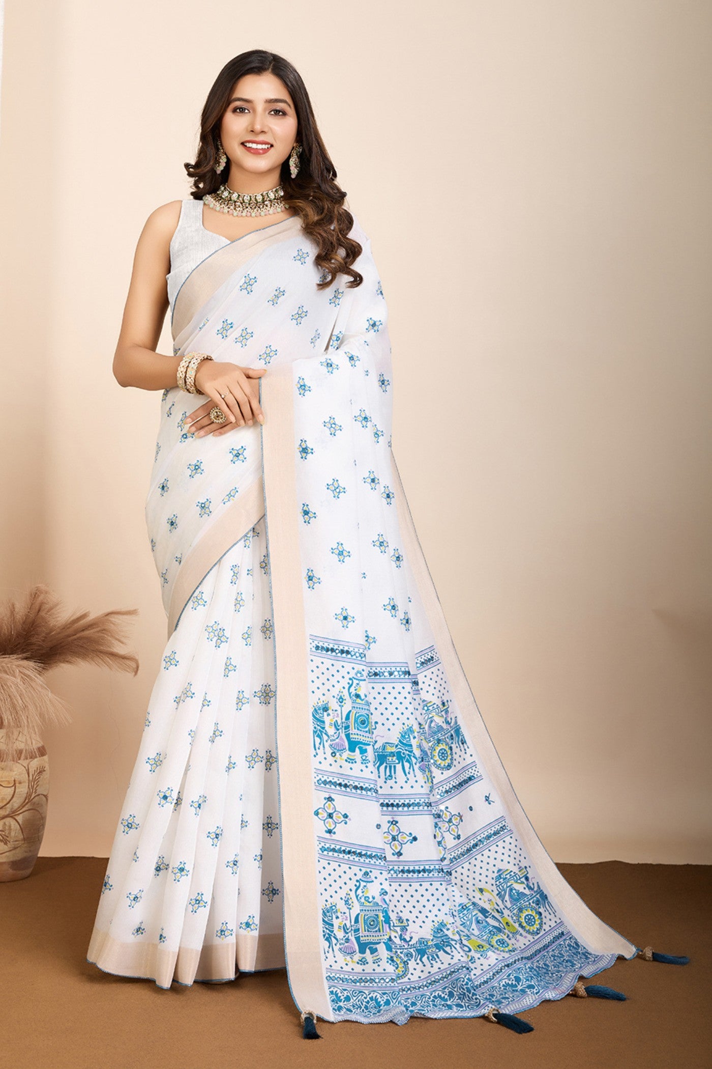 Buy MySilkLove Frost White and Blue Printed Cotton Designer Saree Online