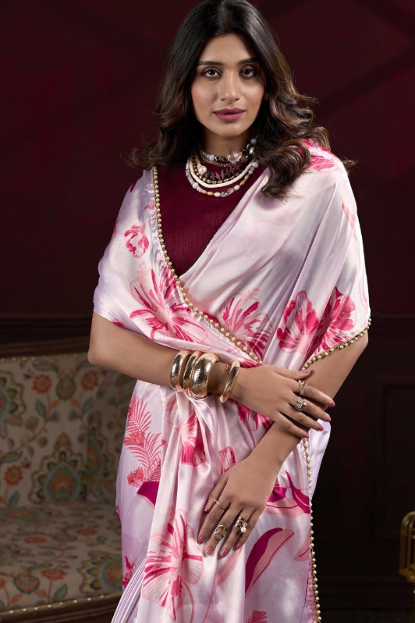 MySilkLove Fluorescent Pink Floral Printed Satin Silk Saree