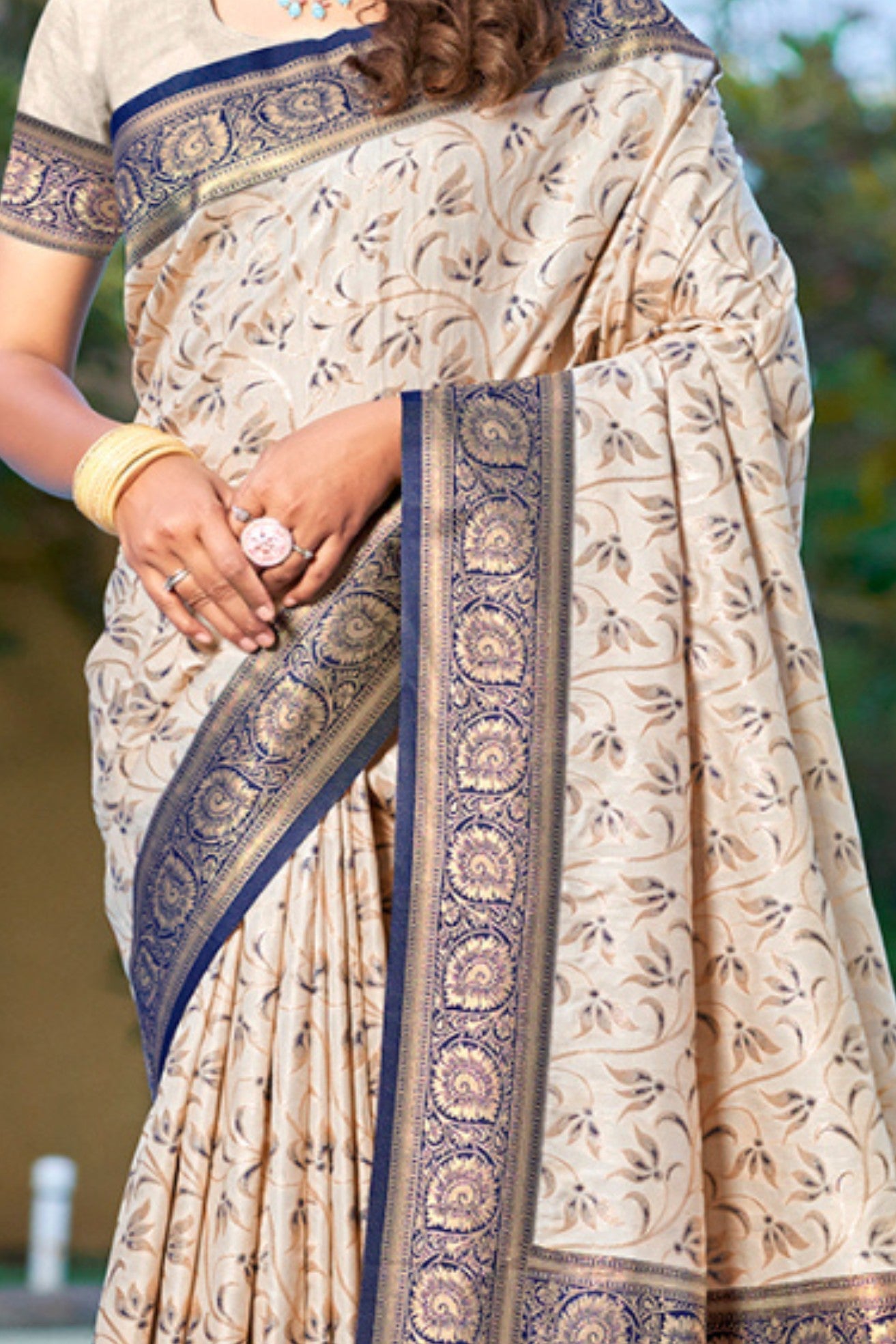 Buy MySilkLove Coffee Cream and Blue Woven Banarasi Saree Online