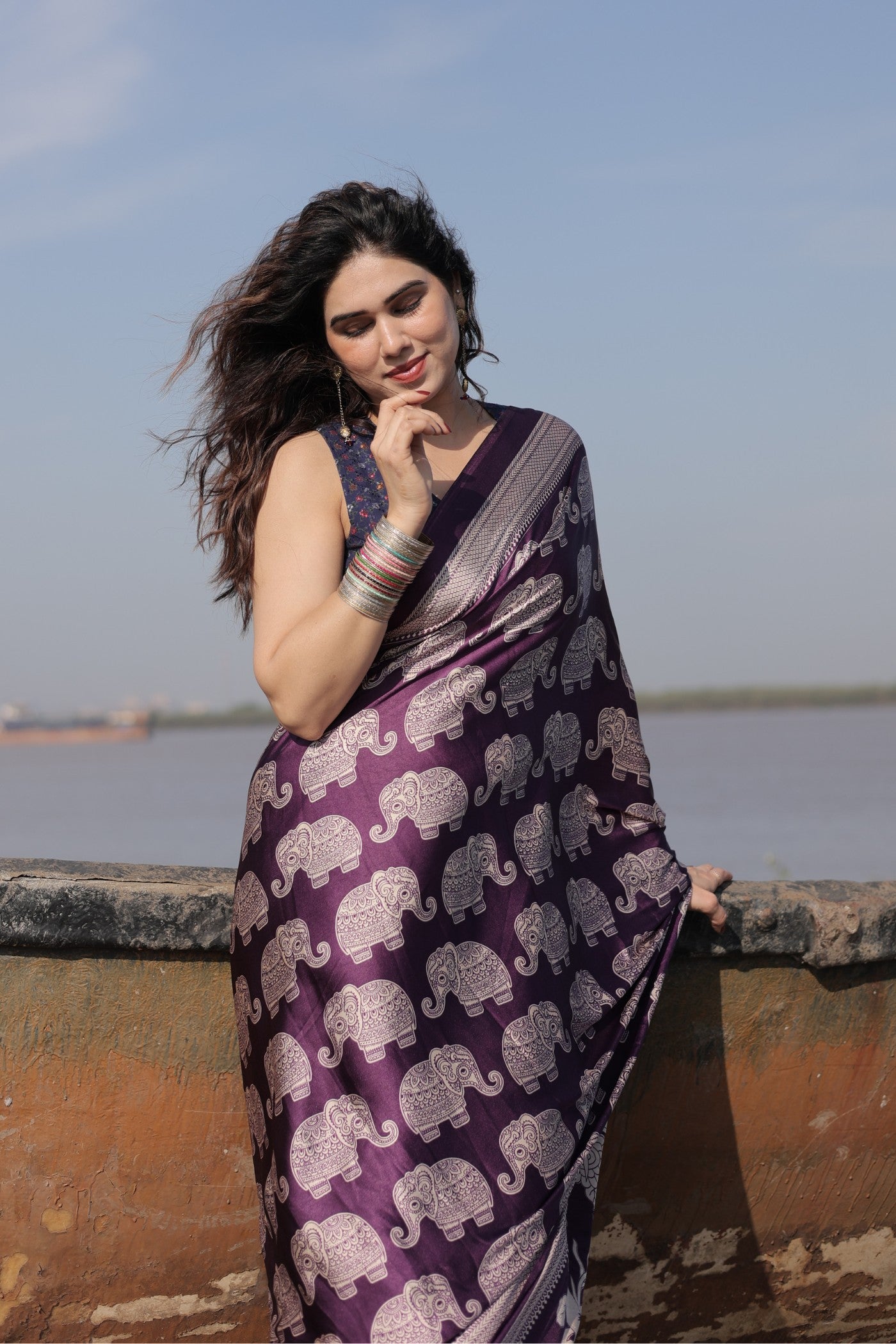 Buy MySilkLove Haze Purple Ajrakh Printed Satin Crepe Silk Saree Online