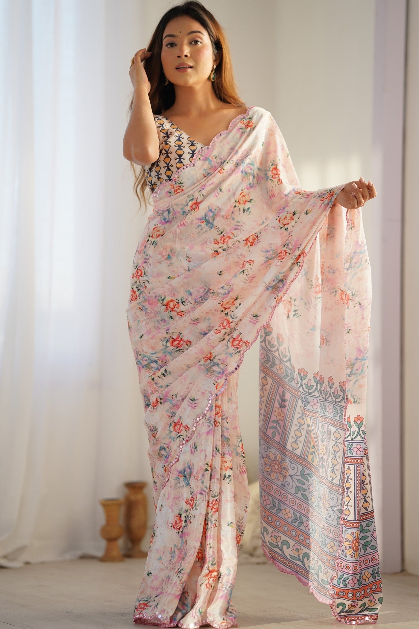 Buy MySilkLove White Lotus Digital Printed Chinon Saree Online