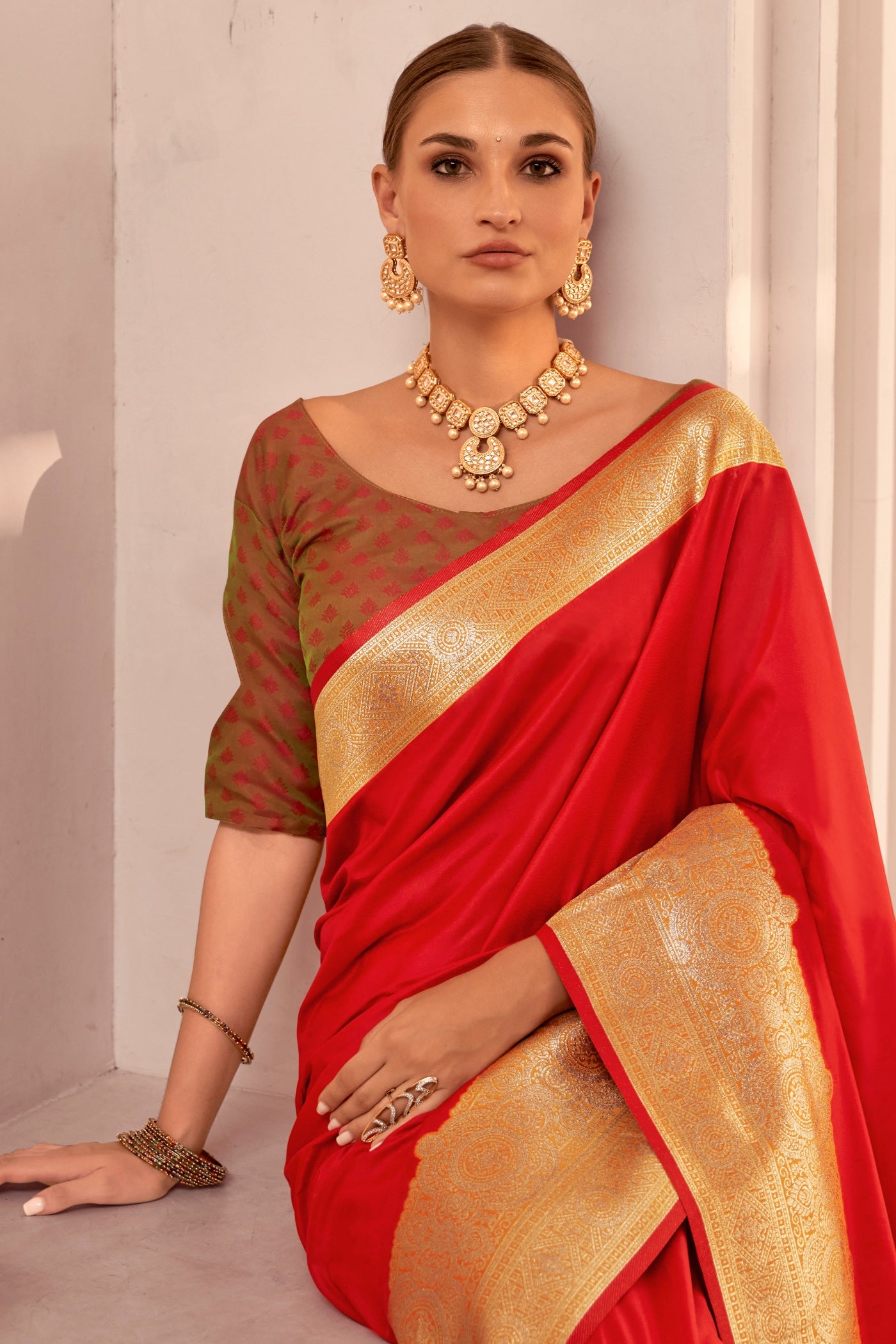 MySilkLove Fire Red Woven Banarasi Soft Silk Saree