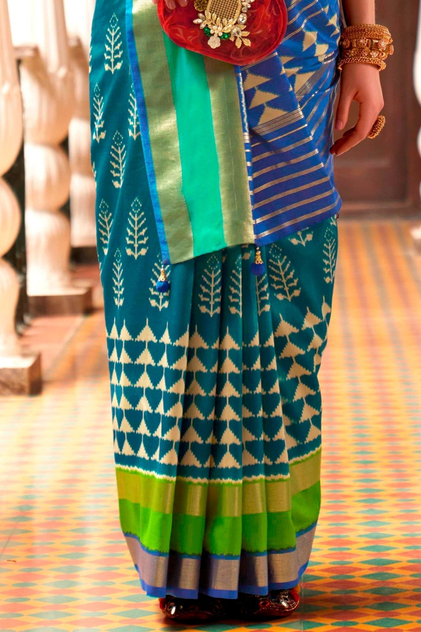 Buy MySilkLove Charm Blue and Green Printed Patola Saree Online