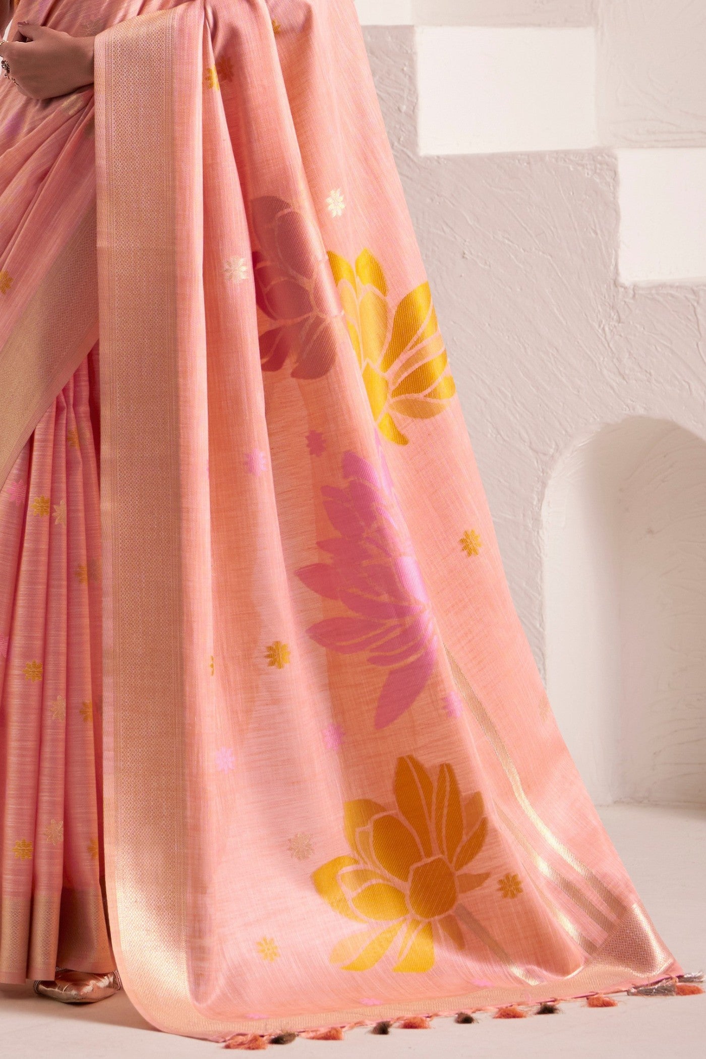 Buy MySilkLove Melon Peach Woven Linen Saree Online