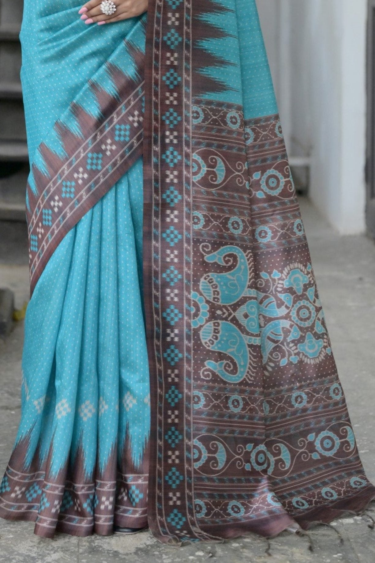 Buy MySilkLove Tradewind Blue and Brown Printed Tussar Silk Saree Online