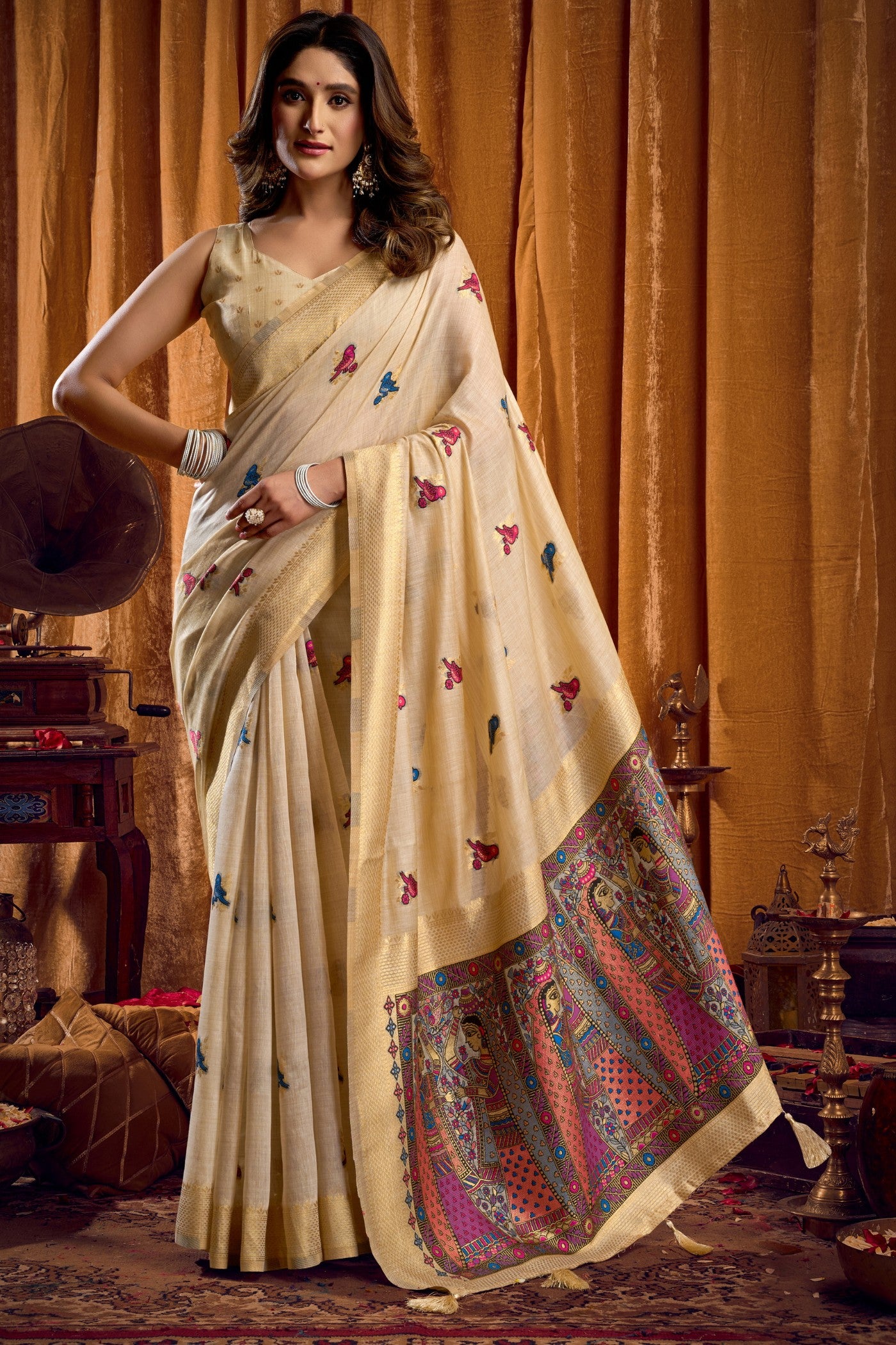 Buy MySilkLove Oyster Cream Woven Cotton Saree Online