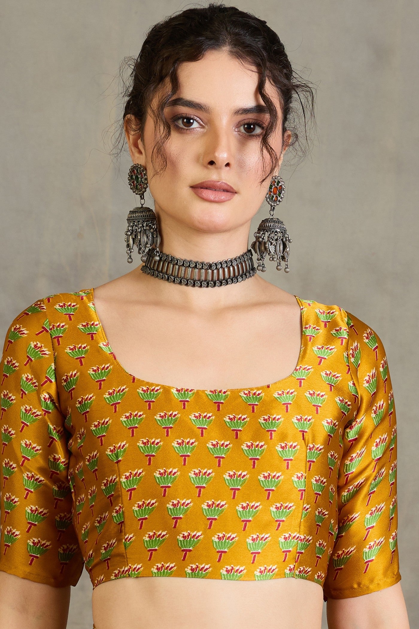 Buy MySilkLove Brick Red and Yellow Ajrakh Printed Satin Crepe Silk Saree Online