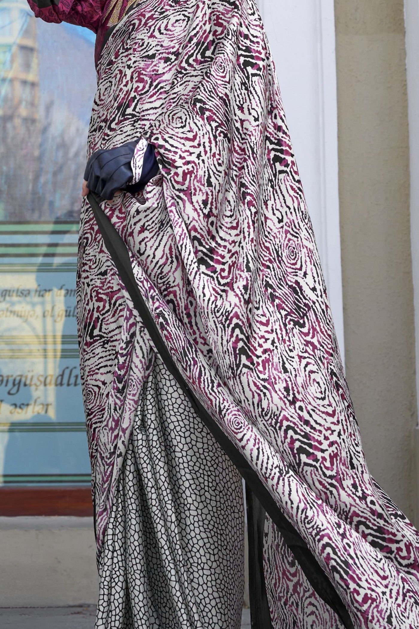 Buy MySilkLove Graphite Grey Printed Satin Crepe Silk Saree Online