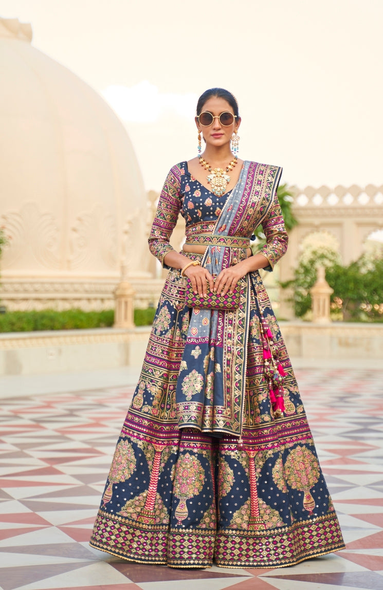 Buy MySilkLove Martinique Blue Woven Lehenga Choli With Heavy Embroidery Work Online
