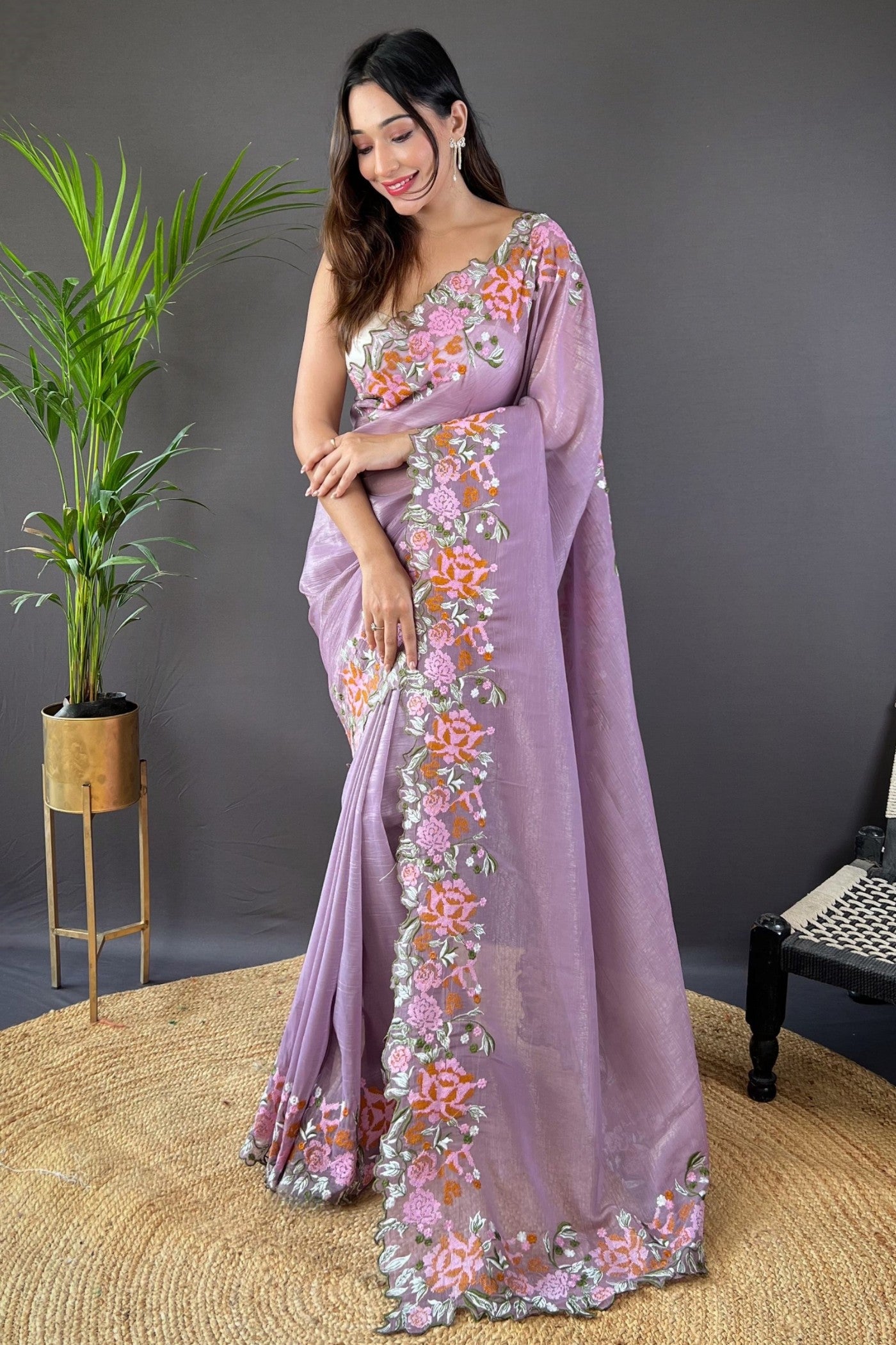 Buy MySilkLove Wisteria Purple Embroidered Party Wear Saree Online