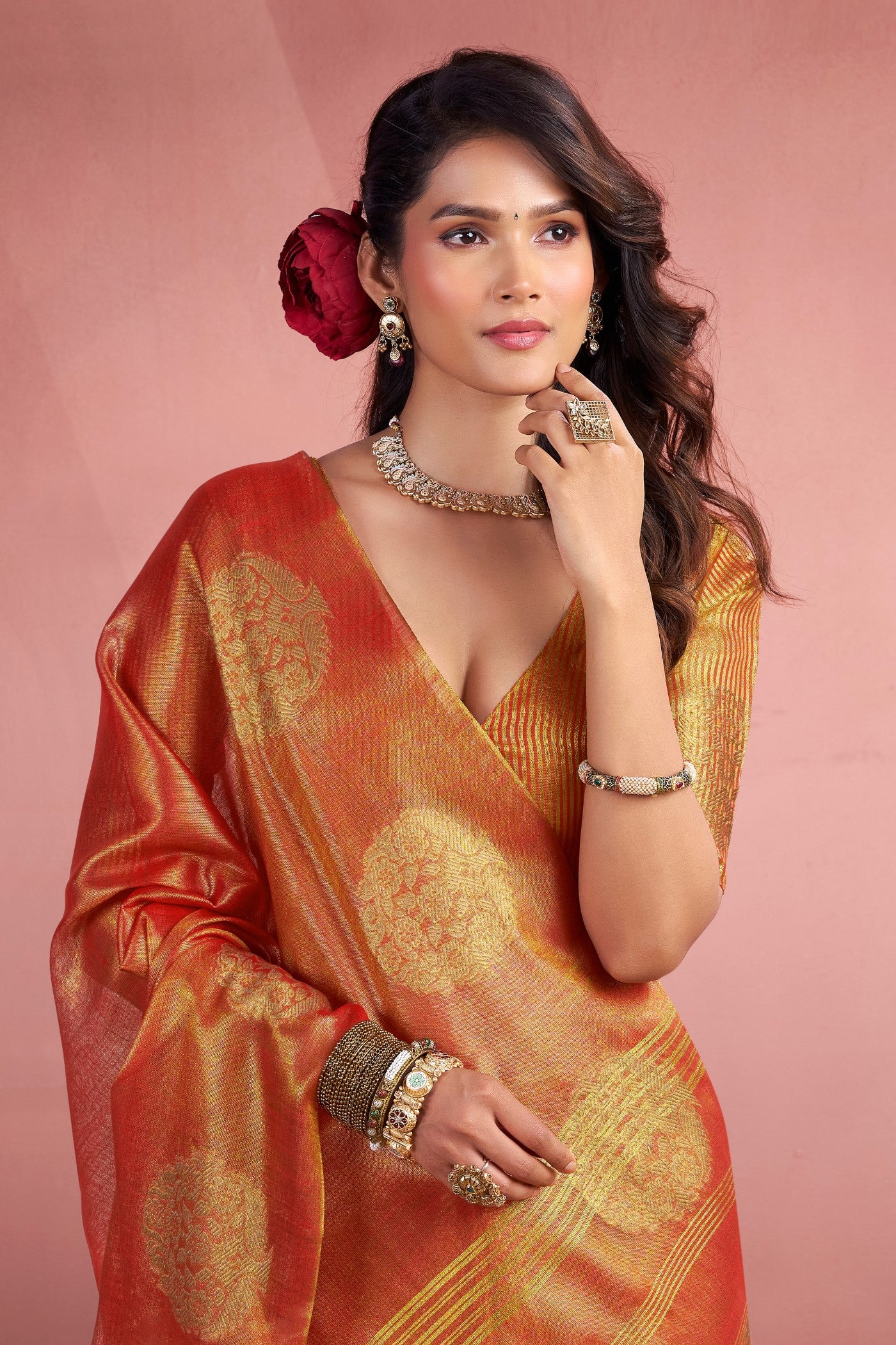MySilkLove Cider Orange Zari Woven Tisssue Saree