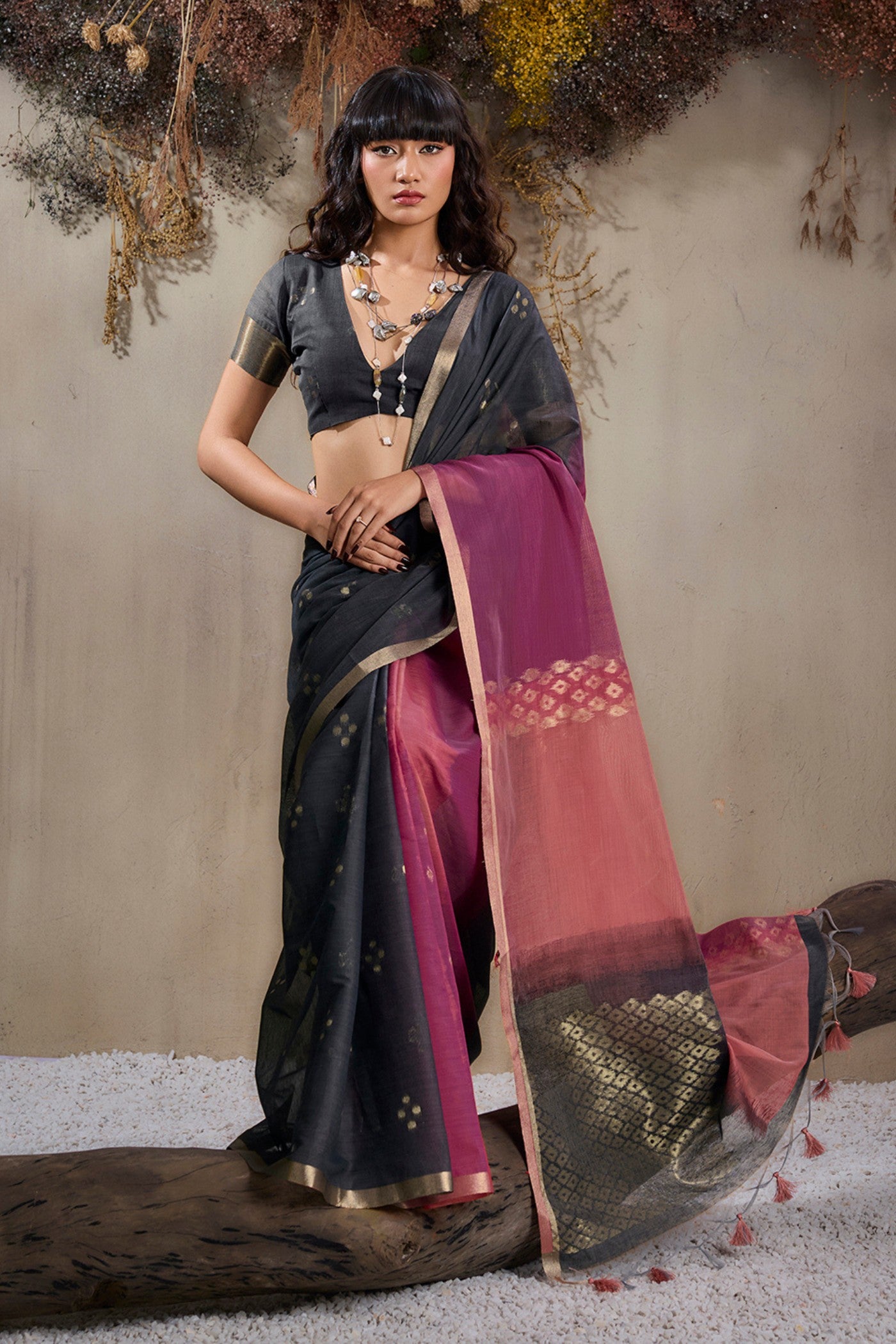 Buy MySilkLove Alchemy Black and Pink Handloom Cotton Saree Online