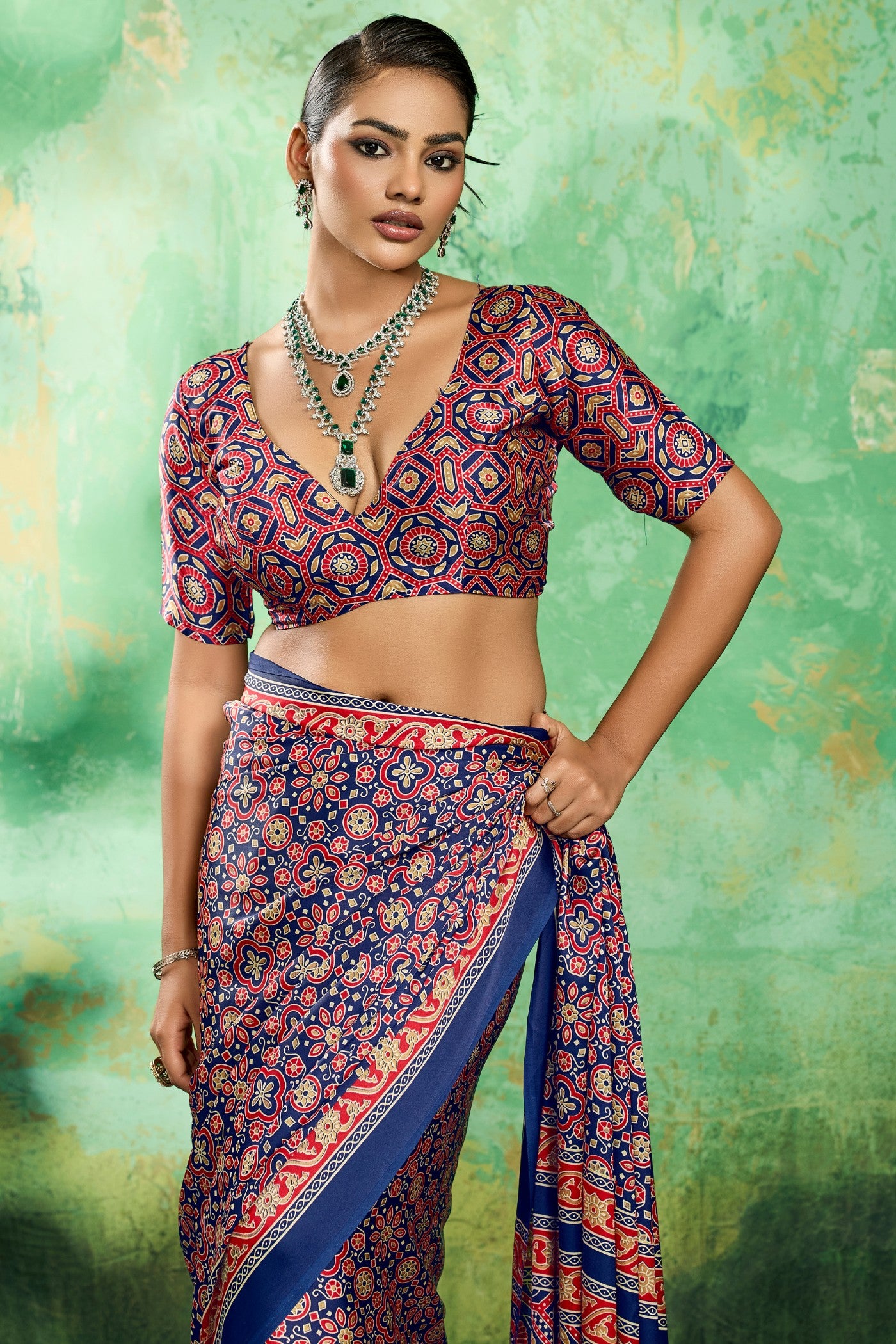 Buy MySilkLove Crystal Blue Modal Ajrakh Satin Printed Silk Saree Online
