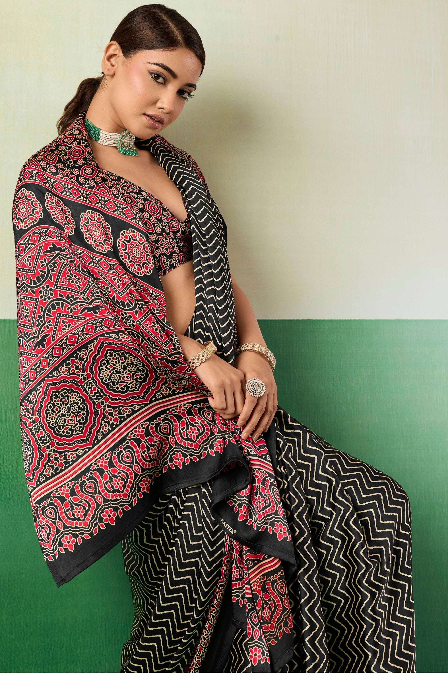 MySilkLove Violet Black Modal Ajrakh Satin Printed Silk Saree