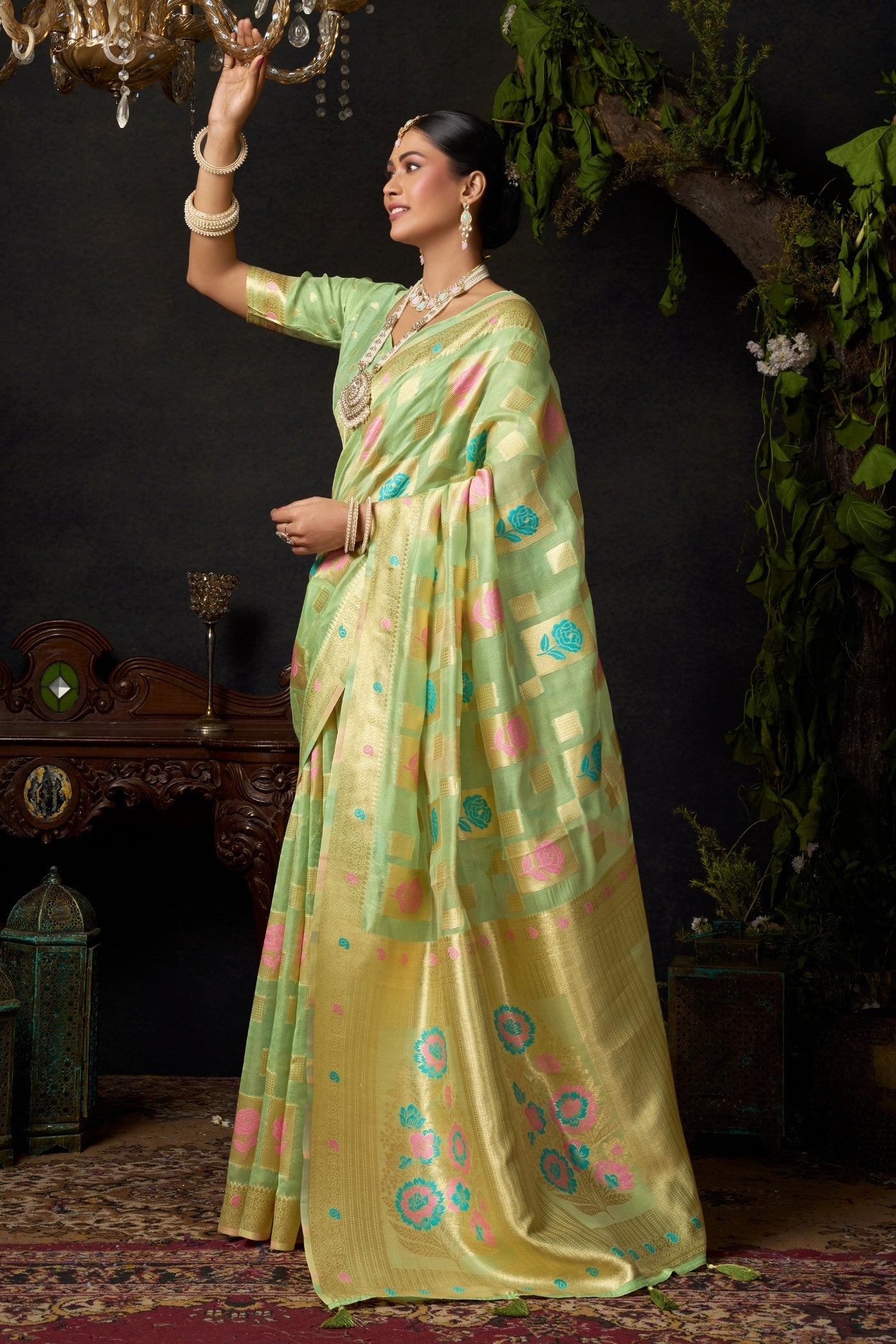 Buy MySilkLove Pista Green Woven Banarasi Organza Saree Online