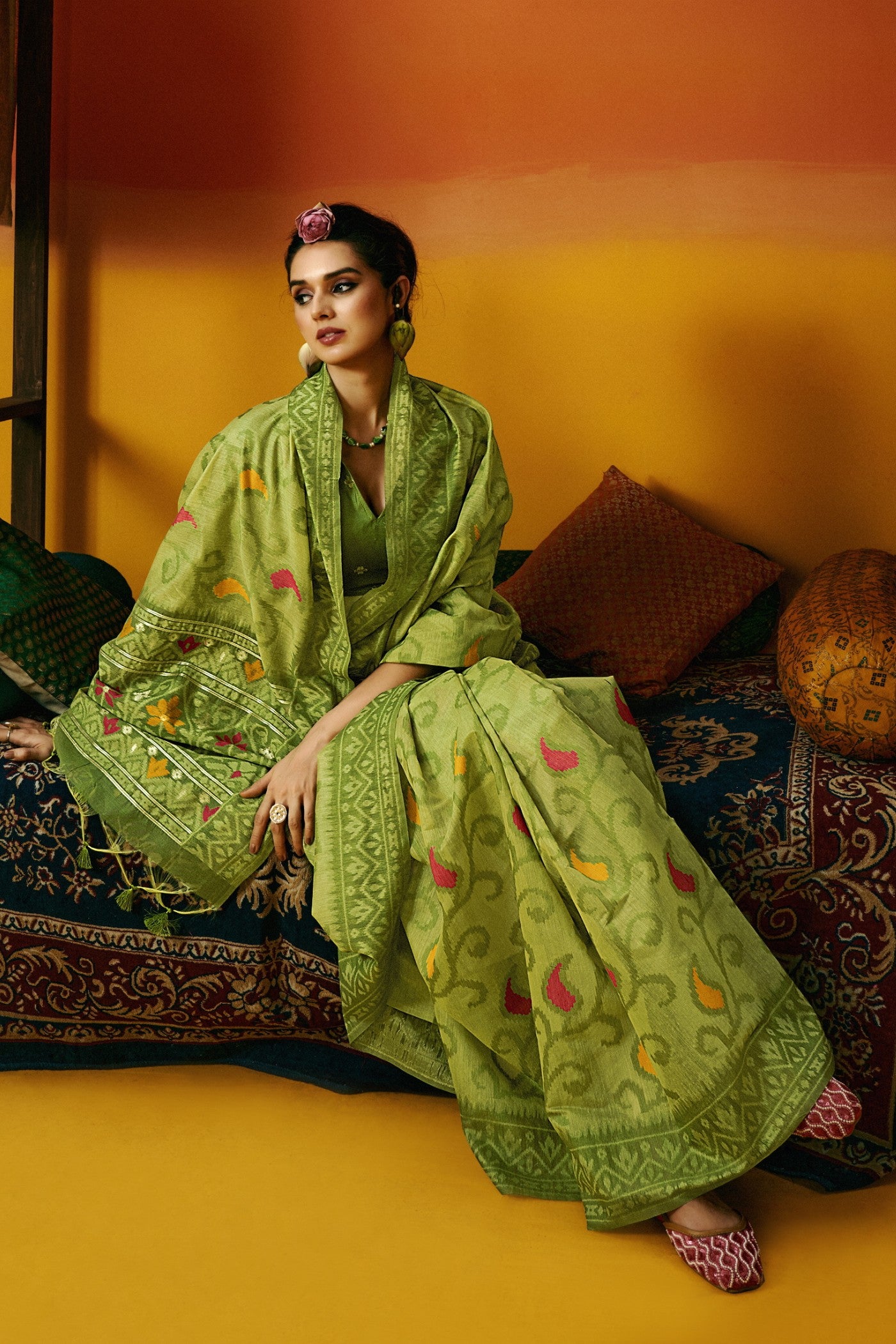 Buy MySilkLove Mantis Green Handloom Jamdani Saree Online